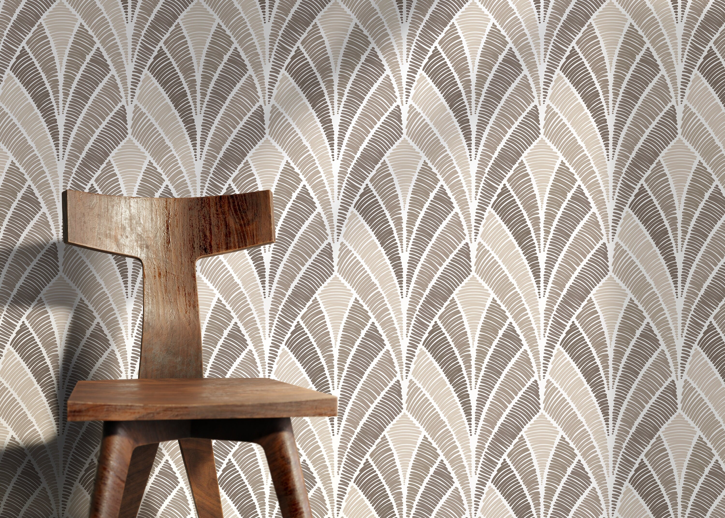 Art Deco Wallpaper With A Textured Fan Motif In Beige And Taupe - D017