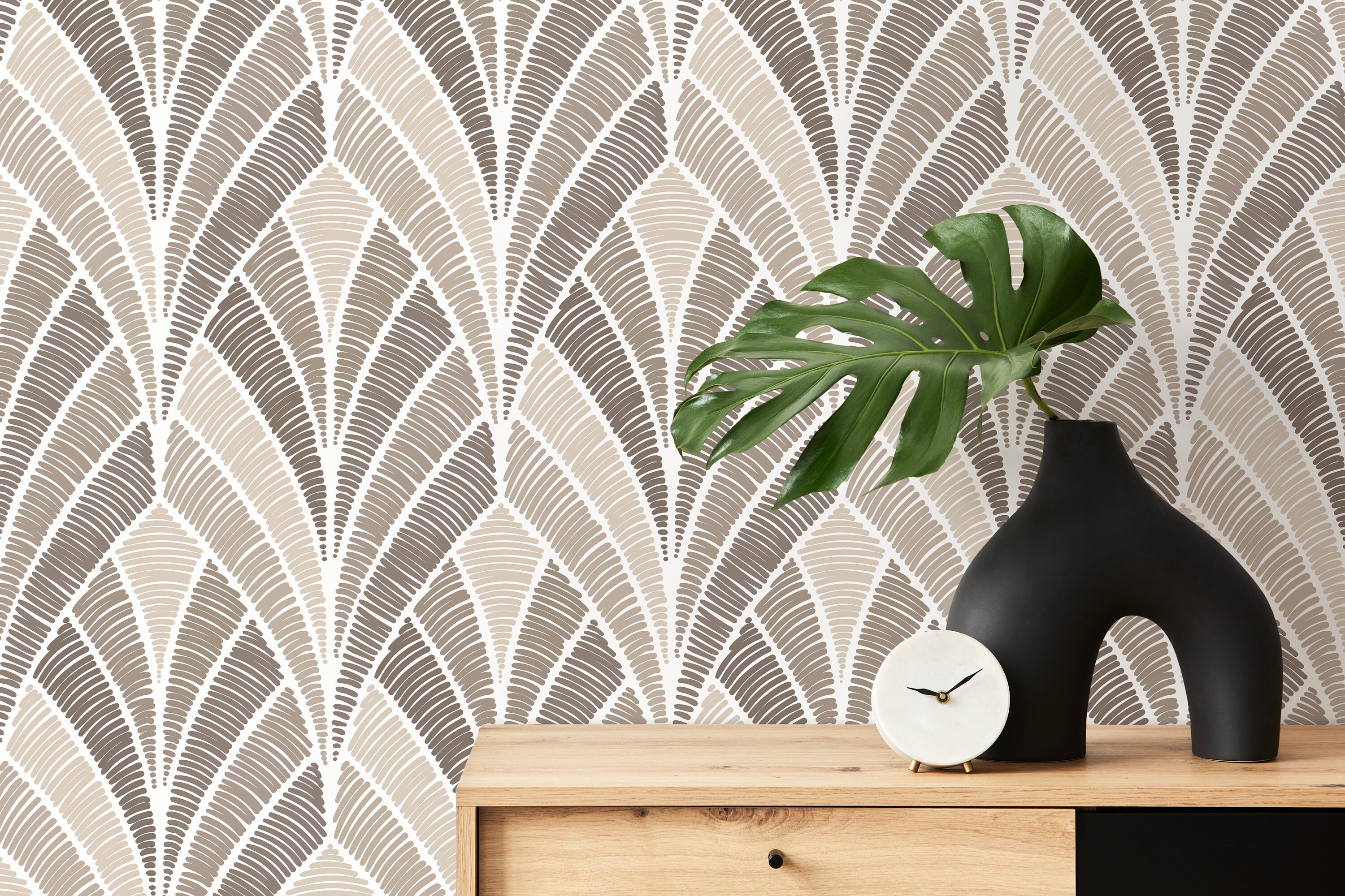 Art Deco Wallpaper With A Textured Fan Motif In Beige And Taupe - D017
