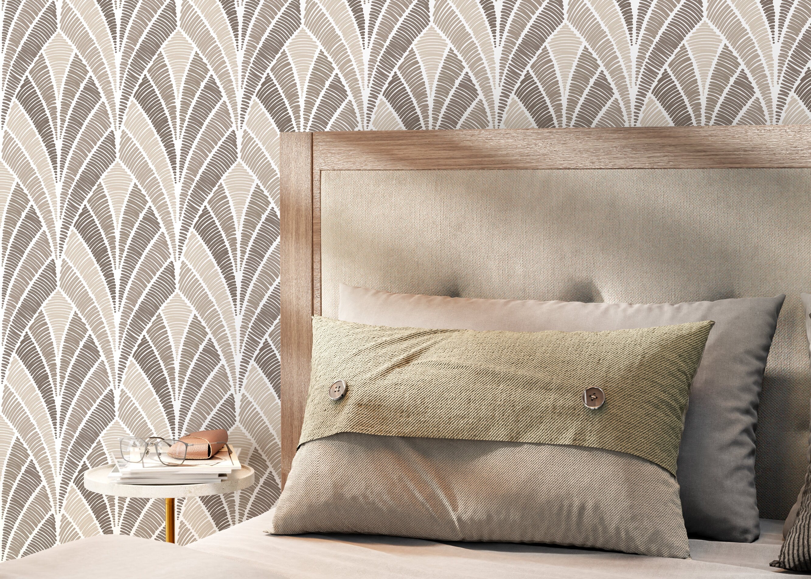Art Deco Wallpaper With A Textured Fan Motif In Beige And Taupe - D017