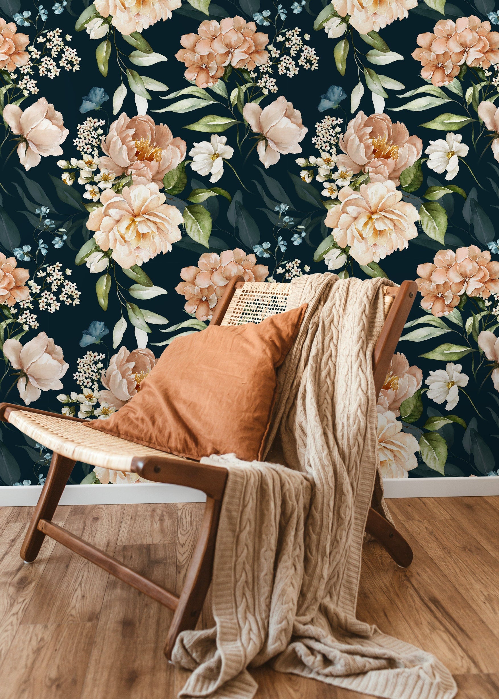 Floral Wallpaper With Vintage Peonies In Peach, Blue, And Green - D021