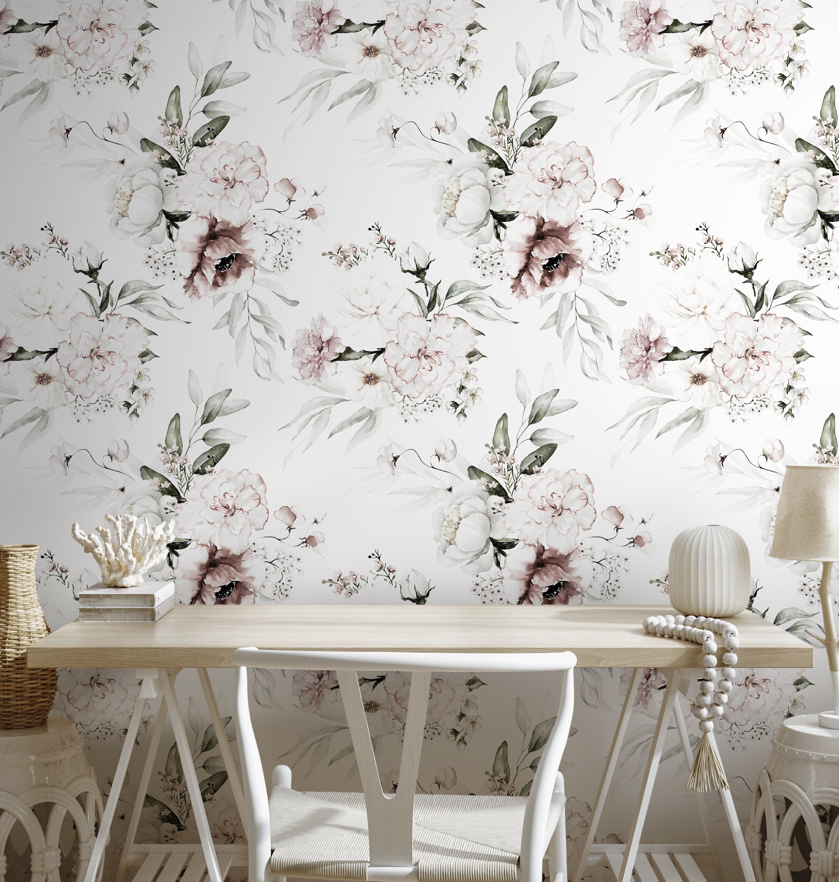 Floral Wallpaper Featuring Vintage Peony Blooms In Neutral, Mauve, And Green - D023