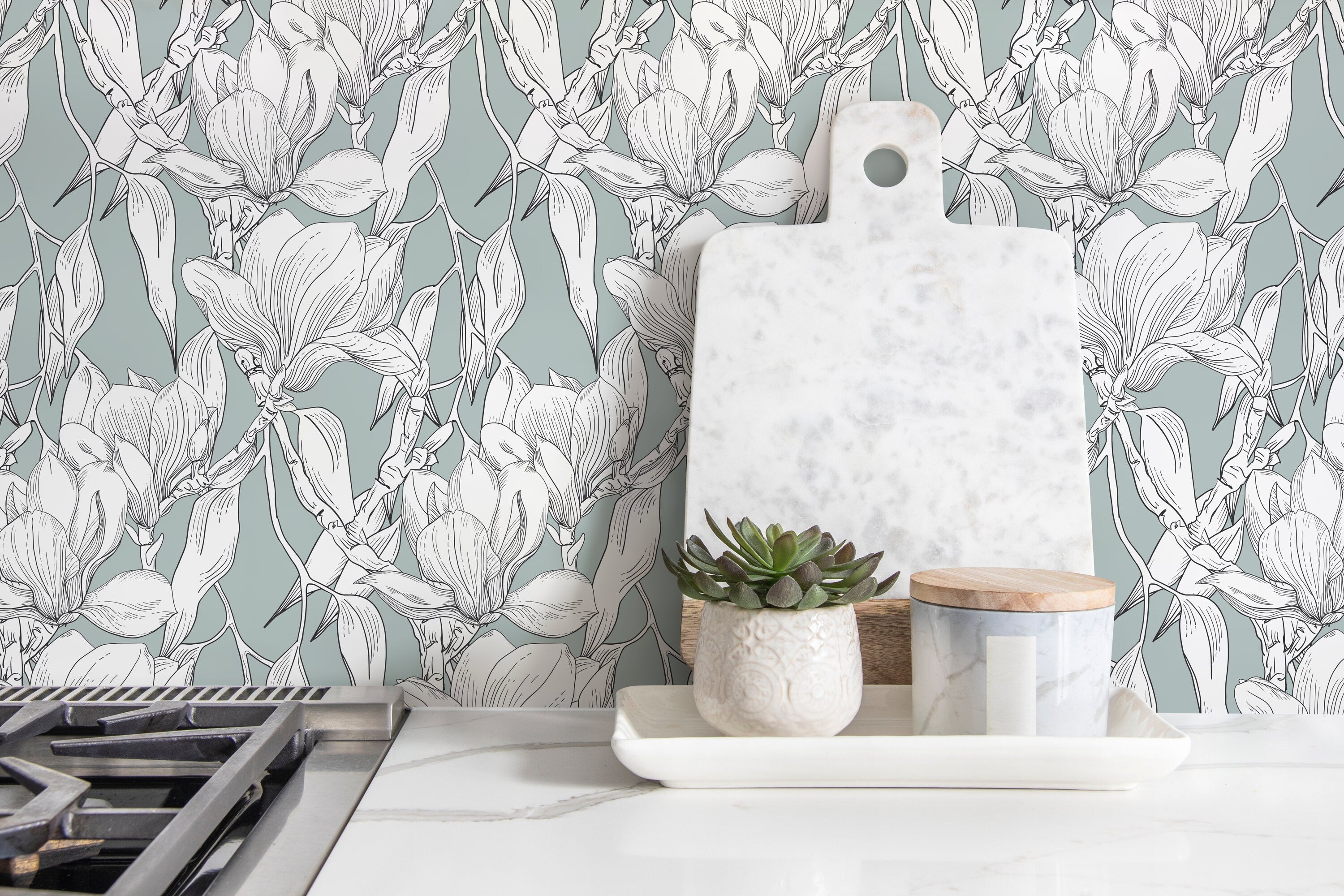 Botanical Wallpaper With A Magnolia Line Art Motif In Sage Green And Black - D025