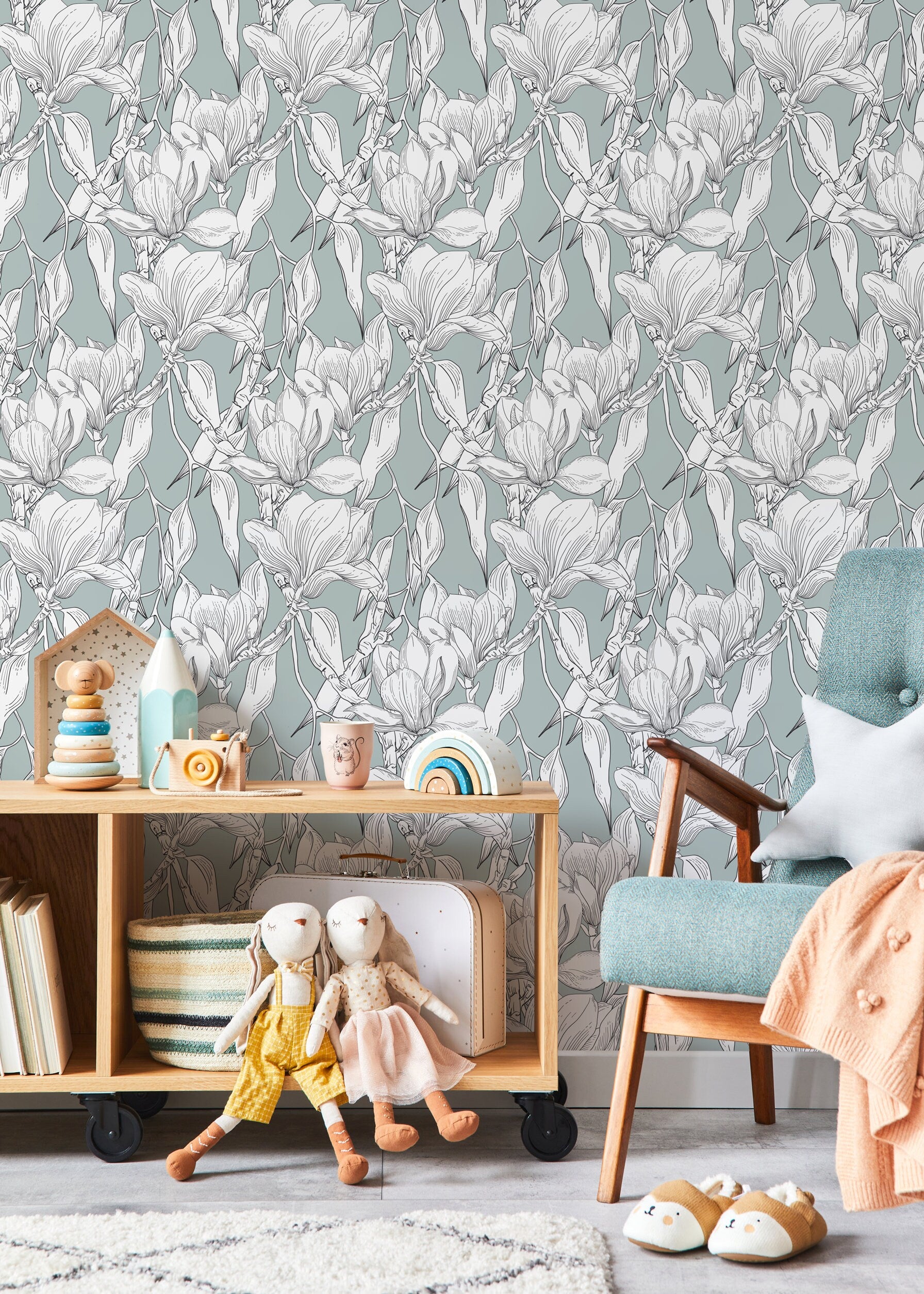 Botanical Wallpaper With A Magnolia Line Art Motif In Sage Green And Black - D025
