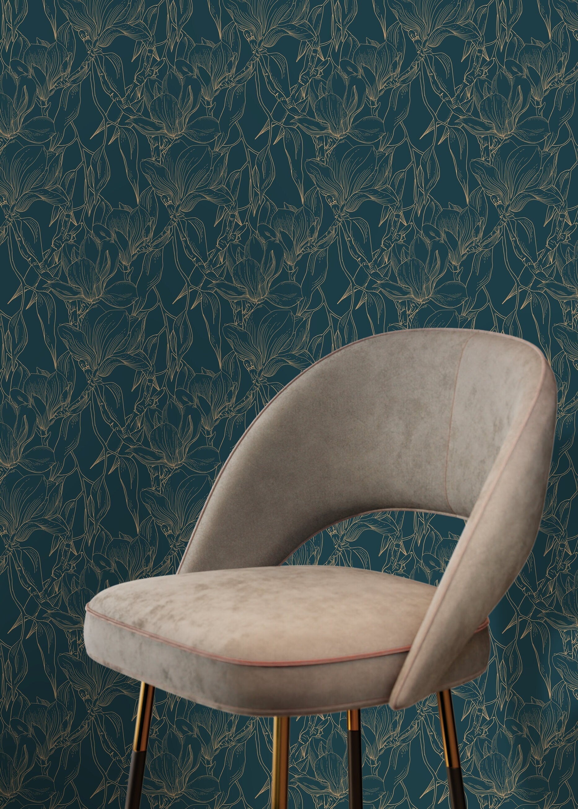 Floral Wallpaper With Elegant Magnolia Outlines In Teal And Gold - D027