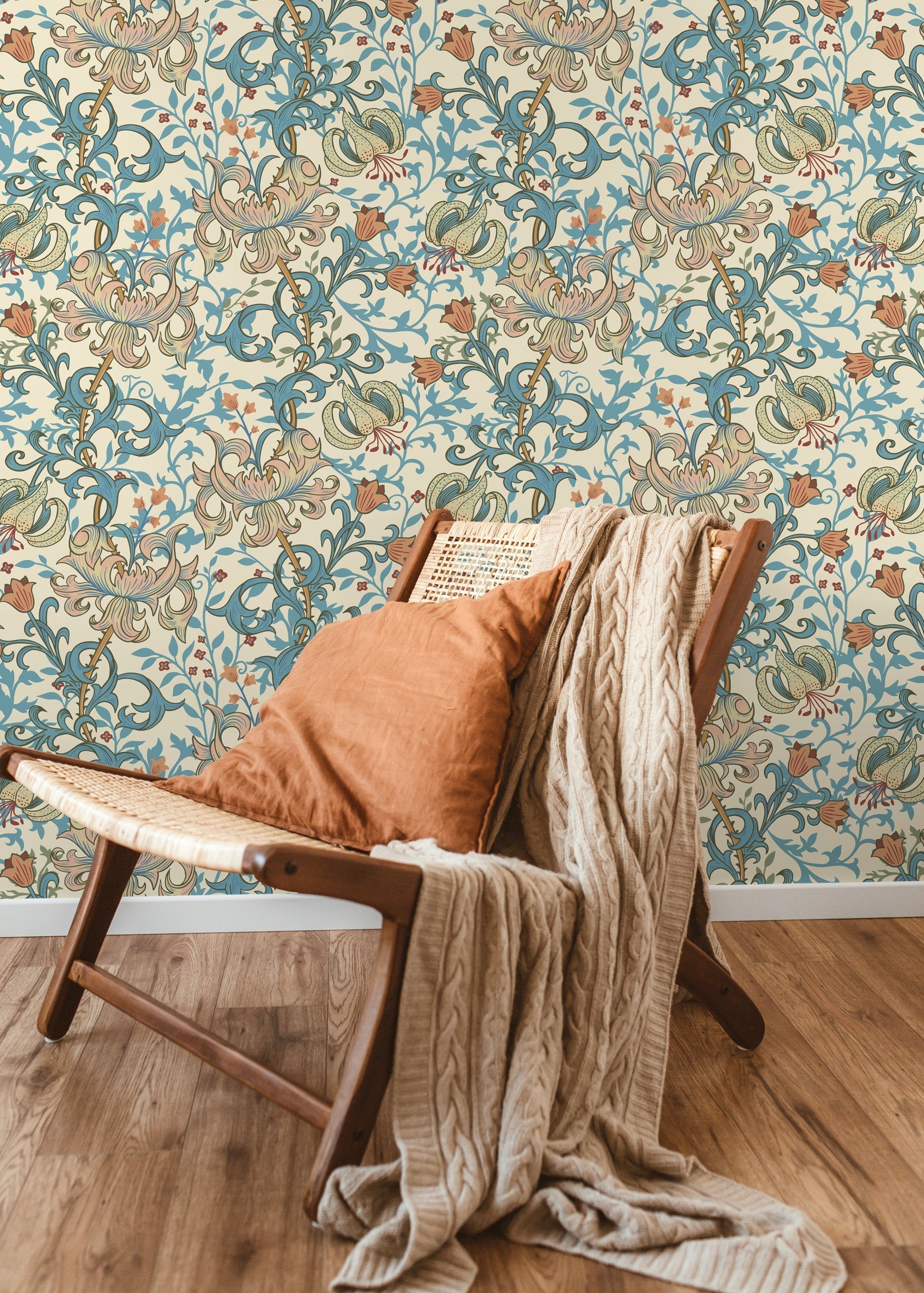 Art Nouveau Wallpaper With Stylized Lilies In Blue, Pink, And Orange - D029