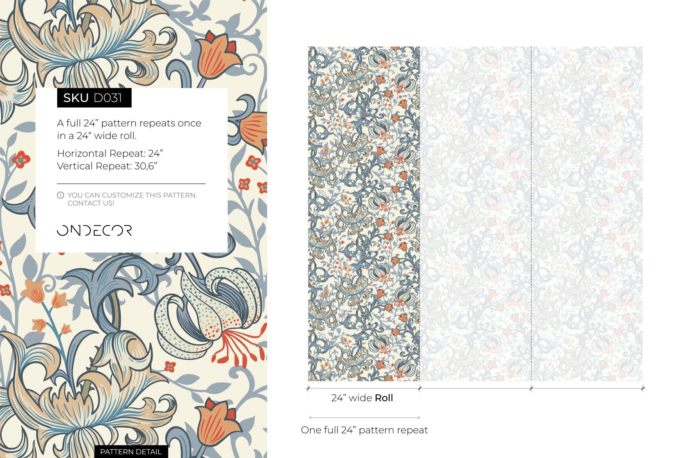 Floral Wallpaper With An Intricate Lily Motif In Blue, Orange, And Beige - D031