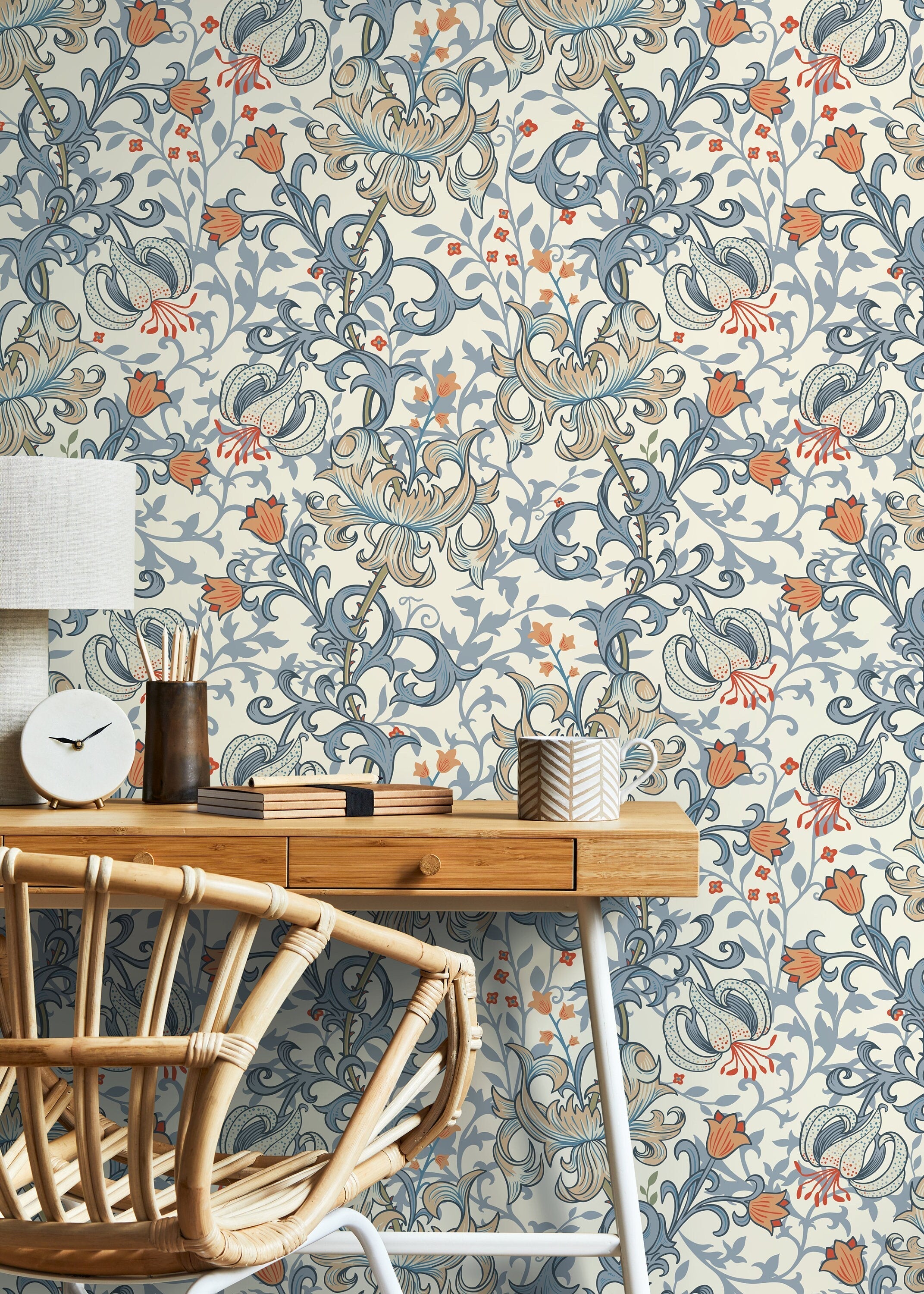 Floral Wallpaper With An Intricate Lily Motif In Blue, Orange, And Beige - D031