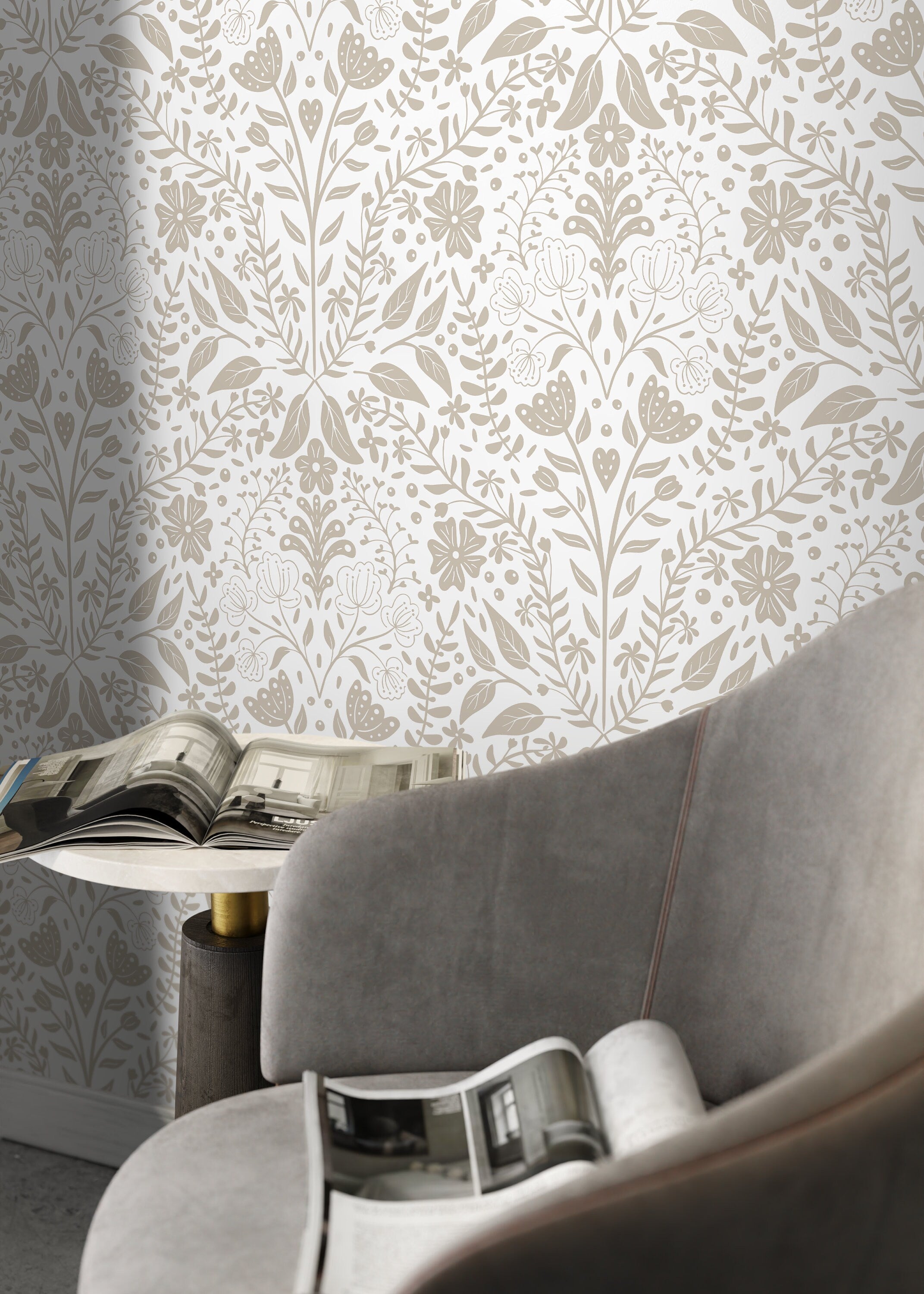 Floral Wallpaper With A Symmetrical Folk Art Motif In Neutral Beige - D039