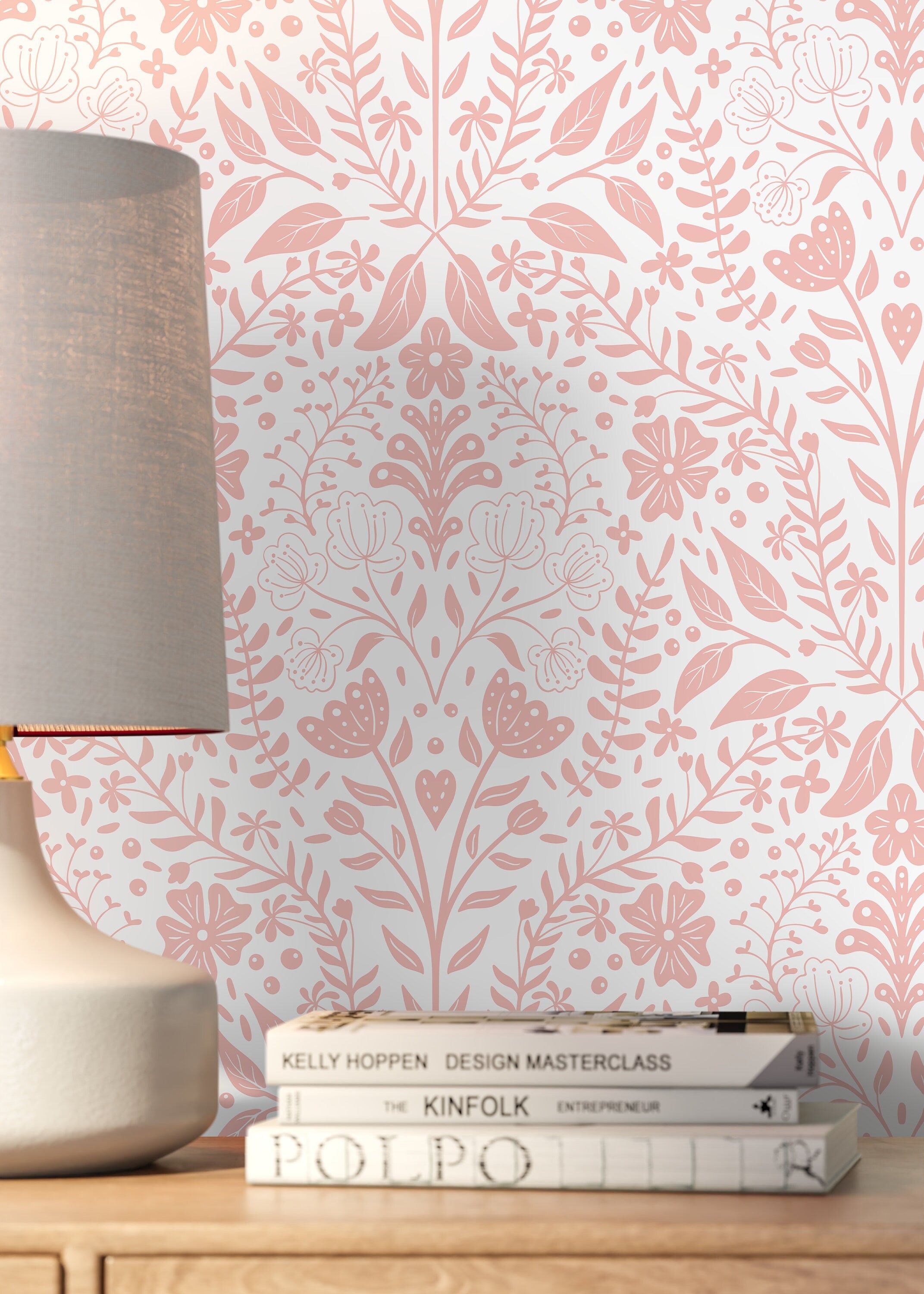 Floral Wallpaper With A Symmetrical Folk Art Motif In Pink - D040