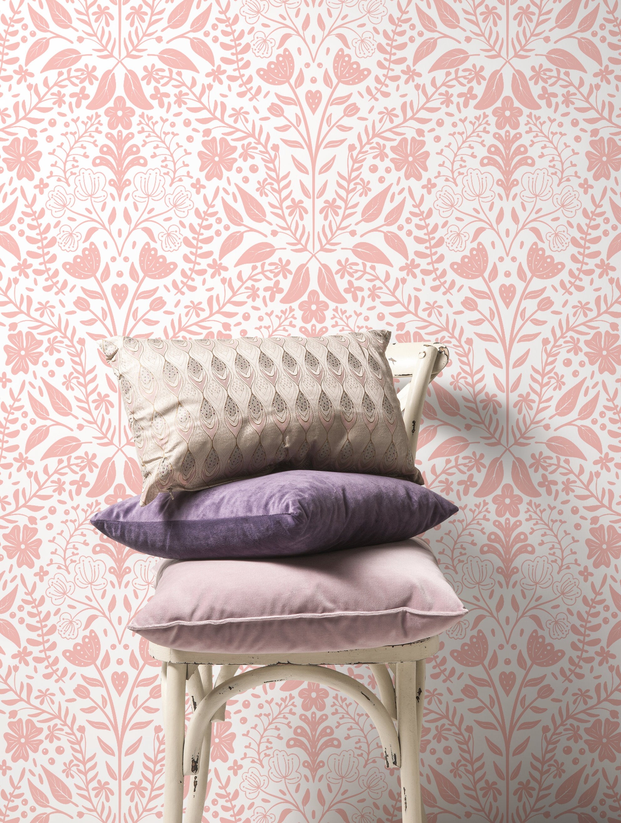 Floral Wallpaper With A Symmetrical Folk Art Motif In Pink - D040
