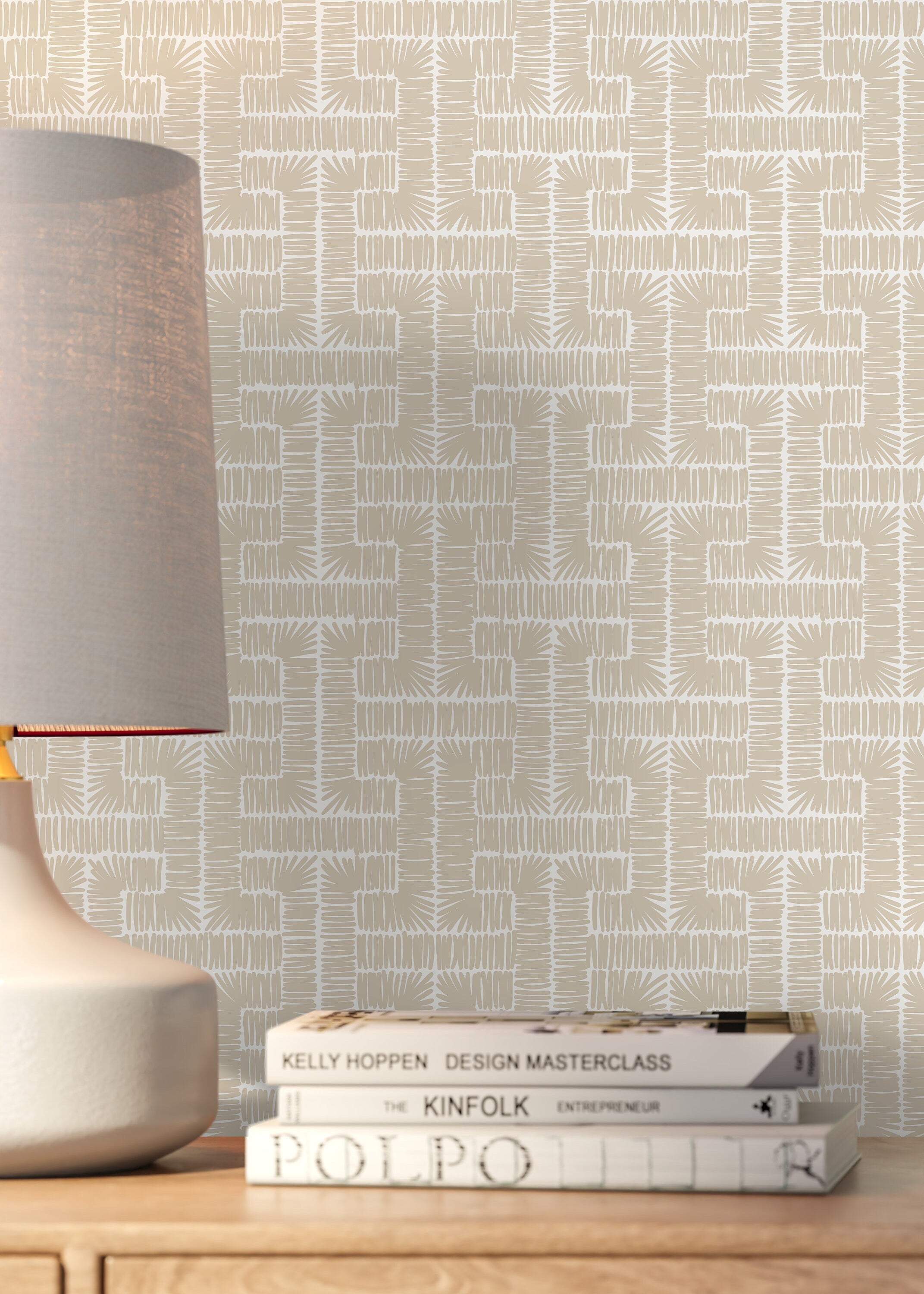 Geometric Wallpaper With A Hand-drawn Hatched Motif In Beige - D049