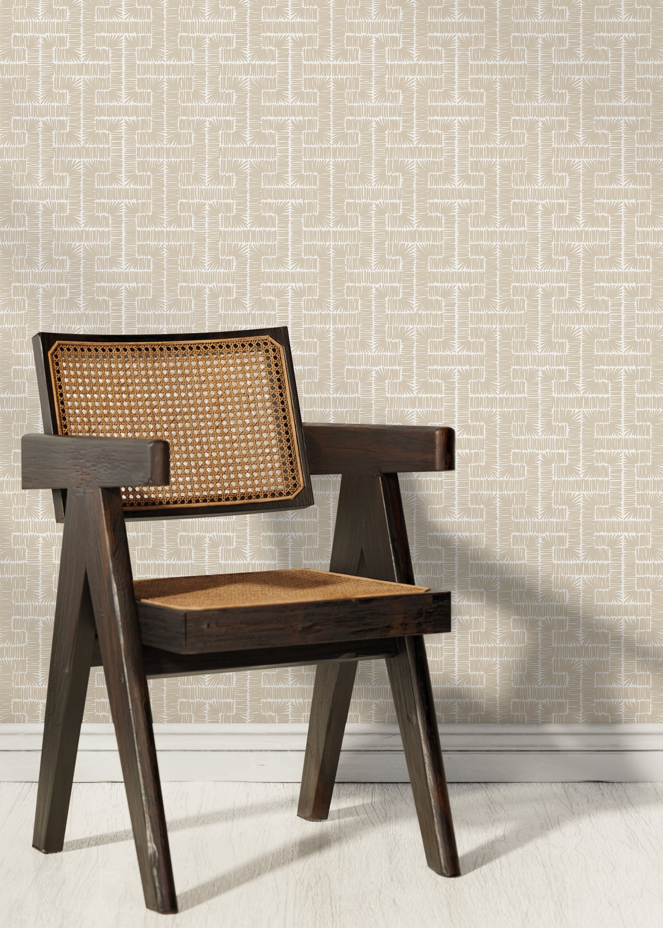 Geometric Wallpaper With A Hand-drawn Hatched Motif In Beige - D049