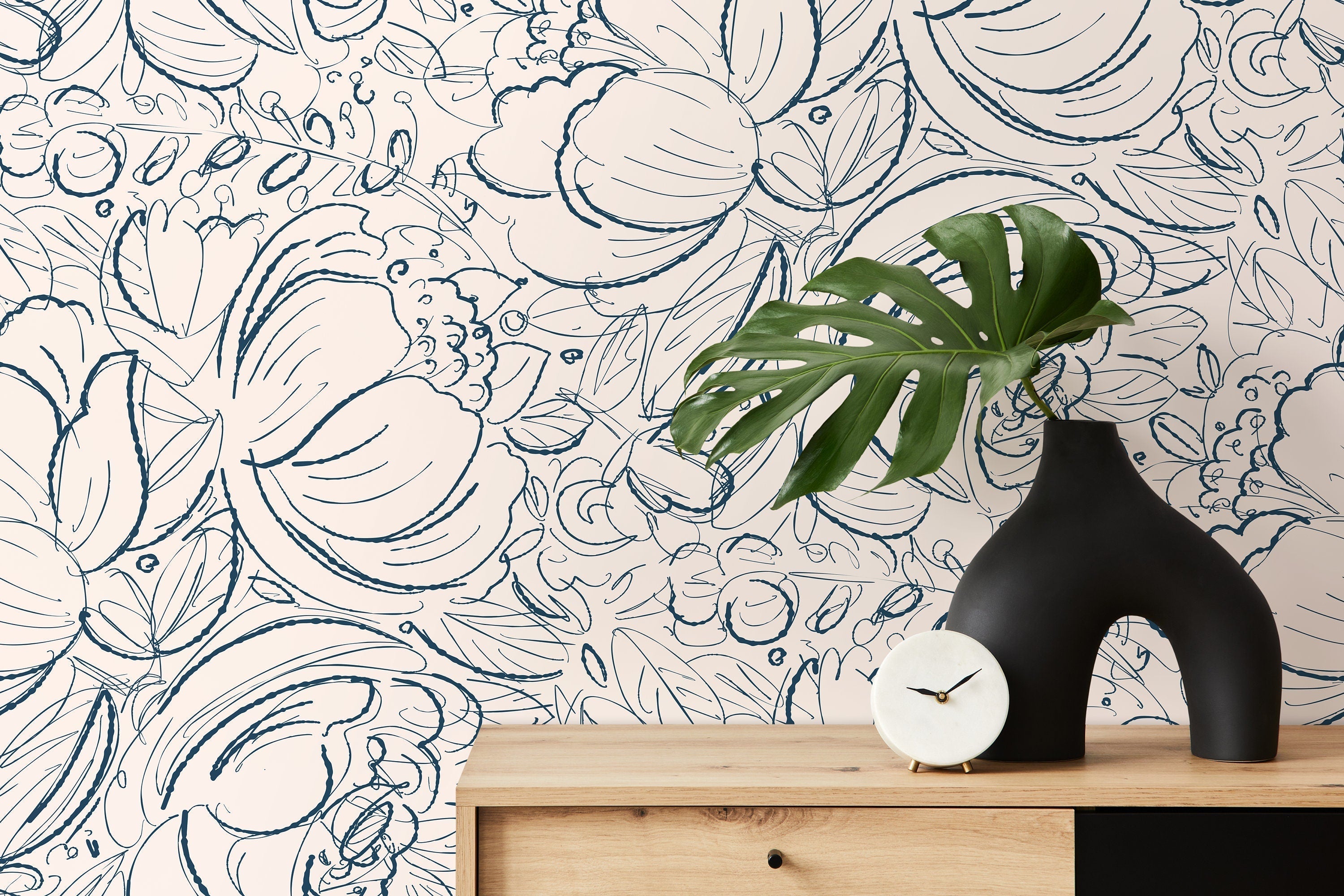 Boho Floral Wallpaper With A Hand-drawn Sketch In Navy Blue And Cream - D054