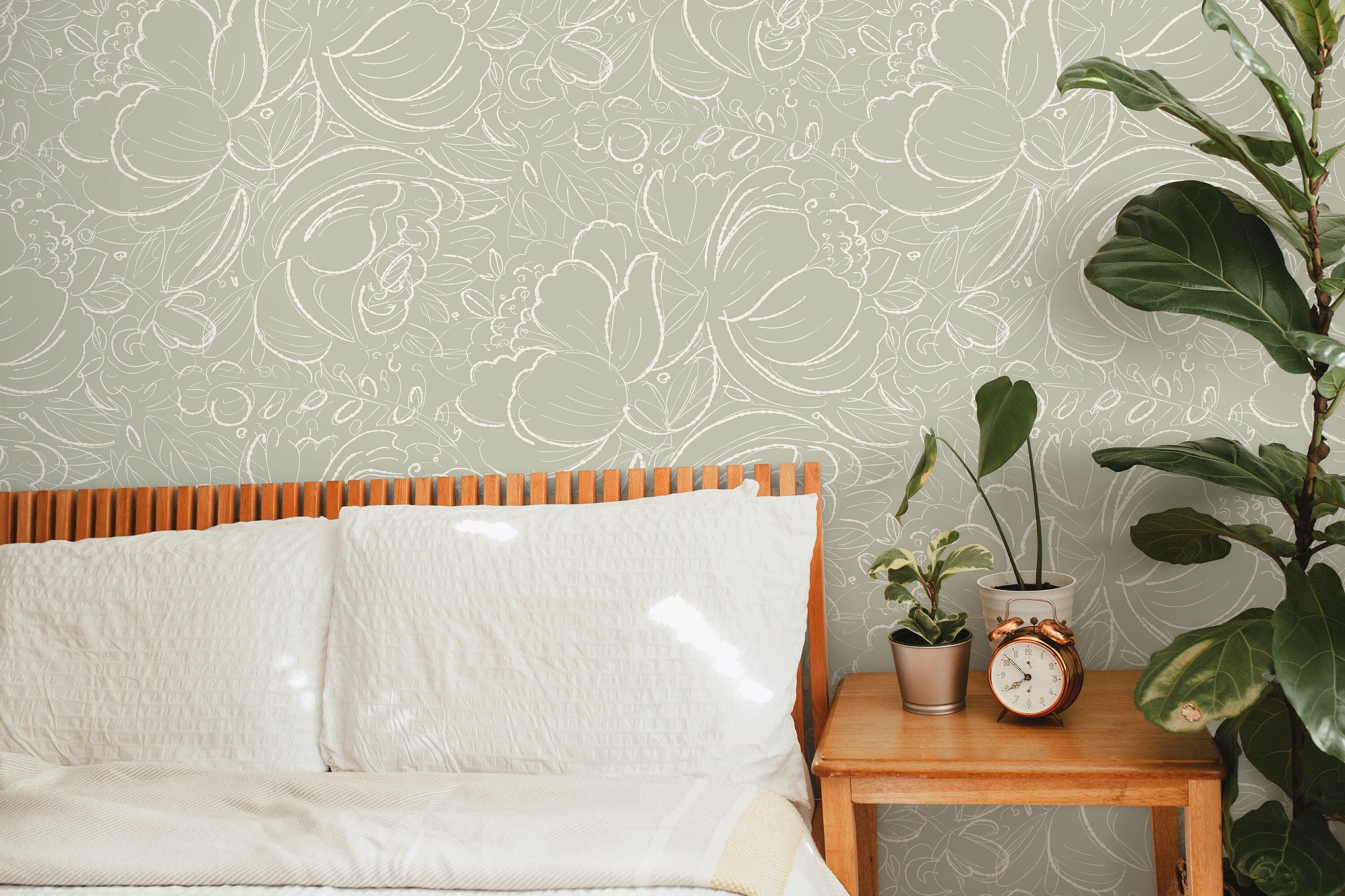 Floral Wallpaper With Scribbled Line Art In Sage Green And White - D055