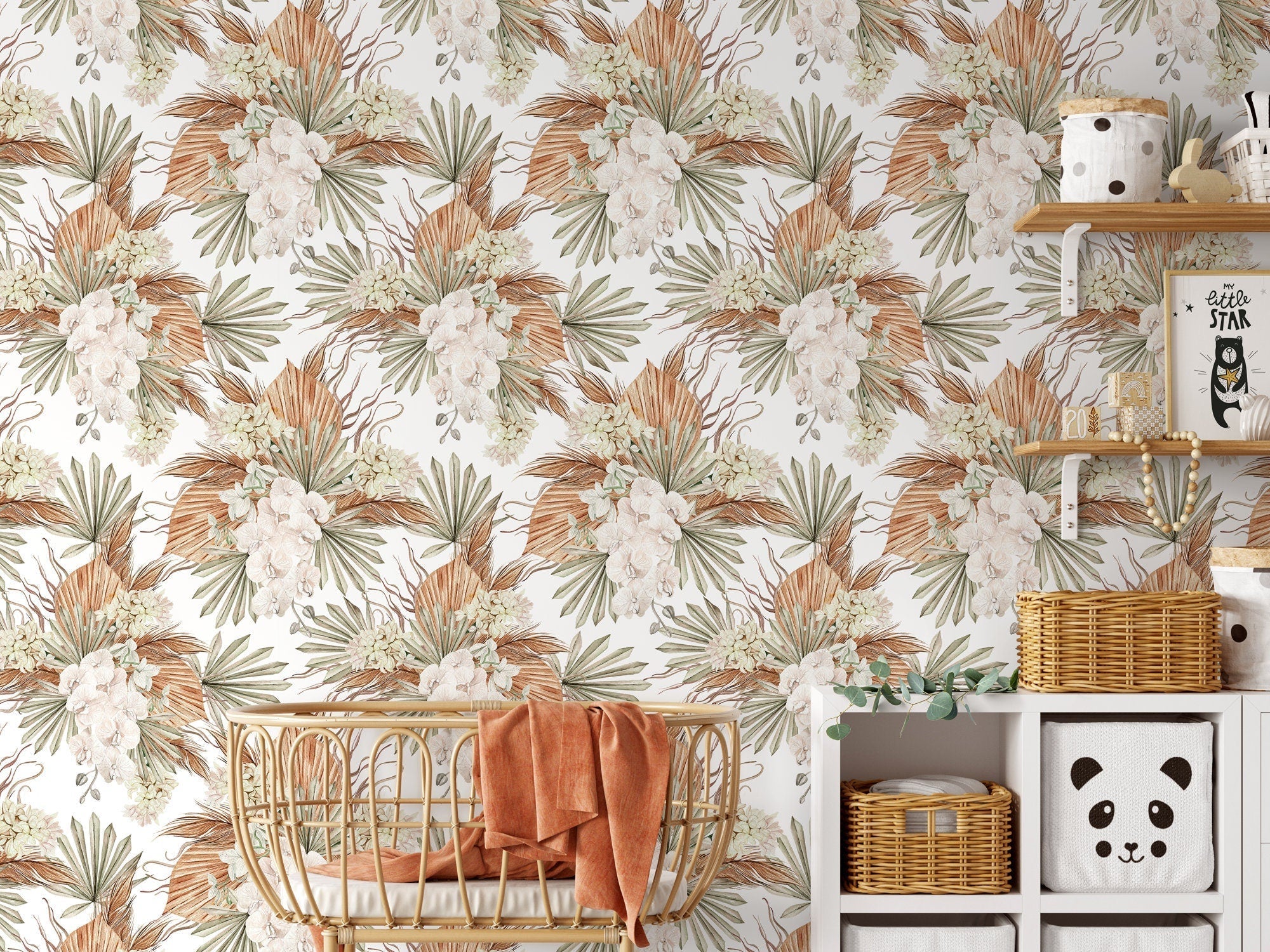 Boho Floral Wallpaper With Orchids And Dried Palms In Brown, Green, And Cream - D056