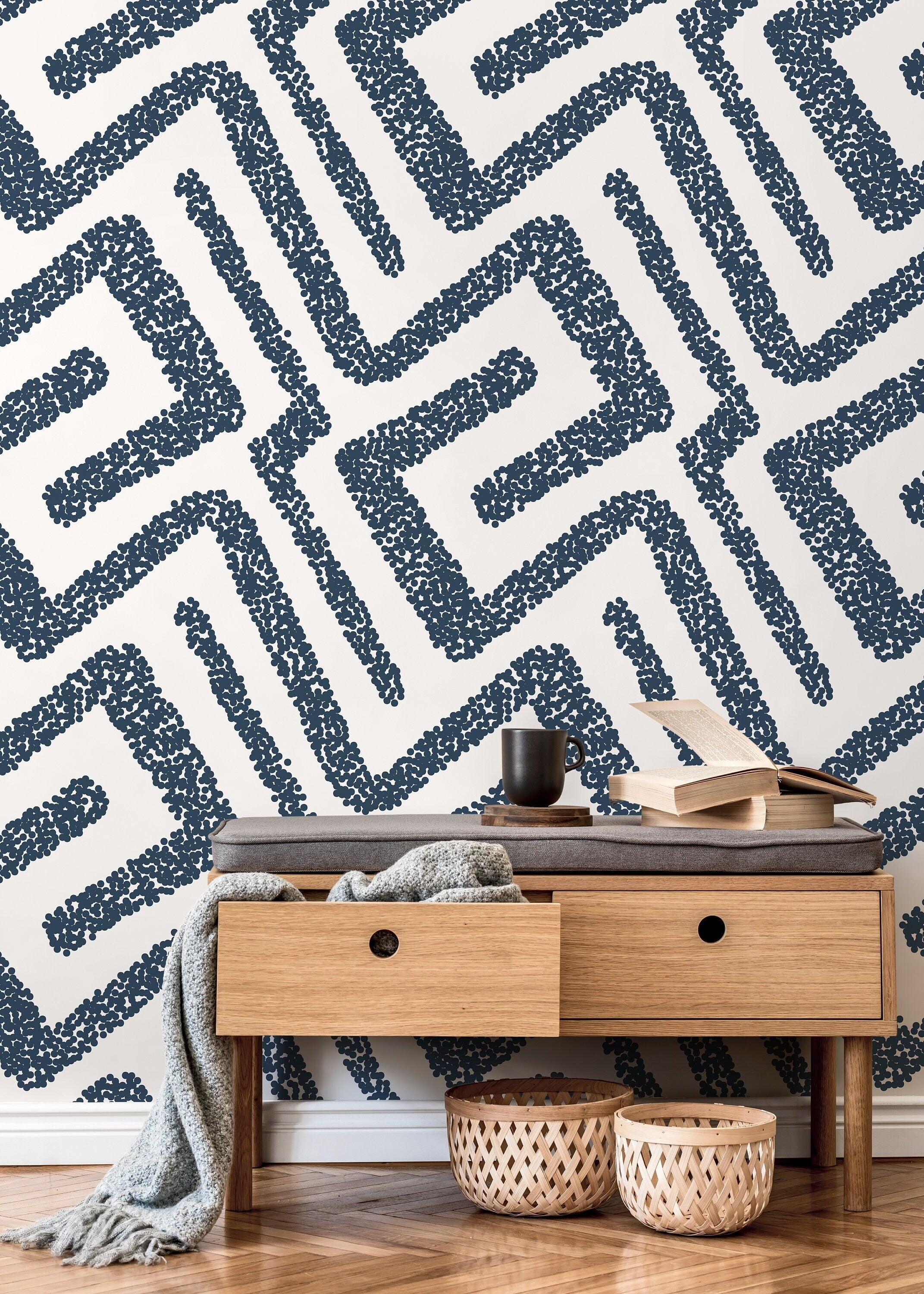 Abstract Wallpaper With A Dotted Maze Motif In Dark Blue - D046