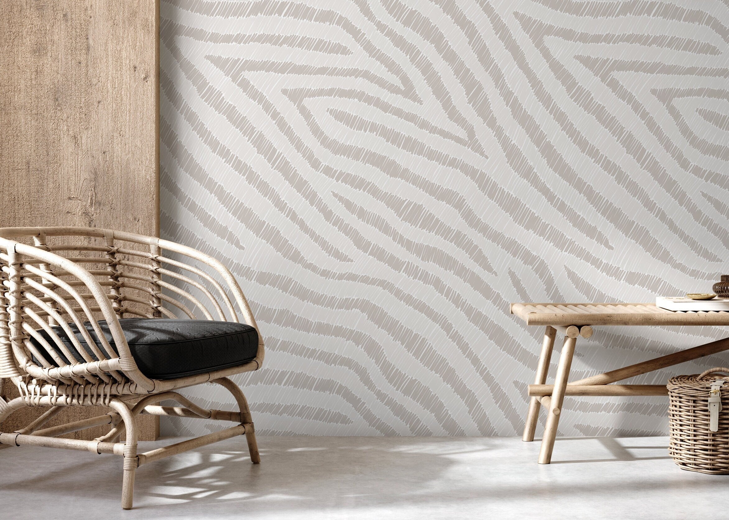Abstract Wallpaper With Sketched Wavy Lines In Beige And Cream - D050