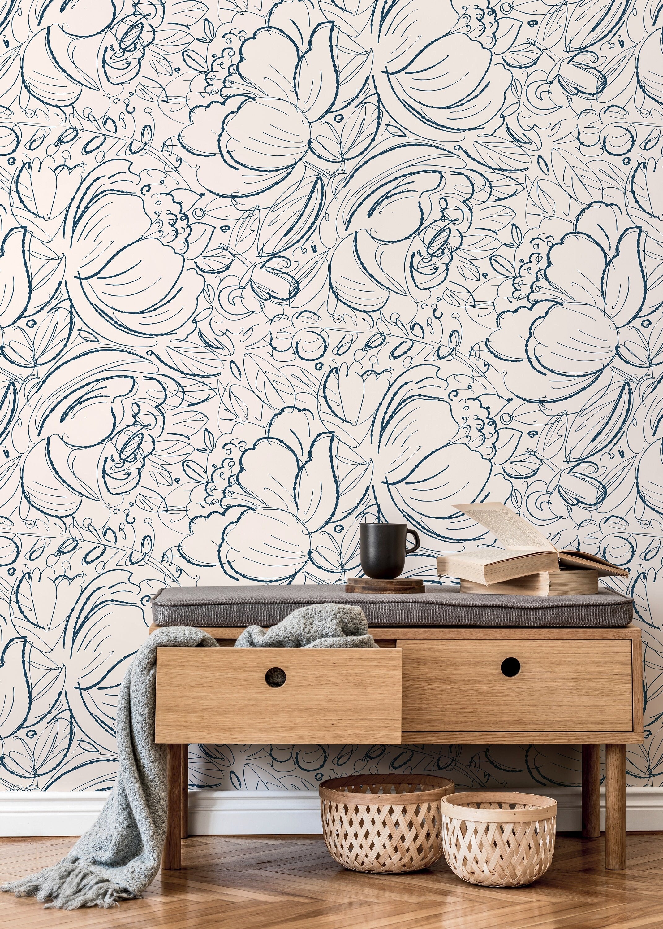 Boho Floral Wallpaper With A Hand-drawn Sketch In Navy Blue And Cream - D054