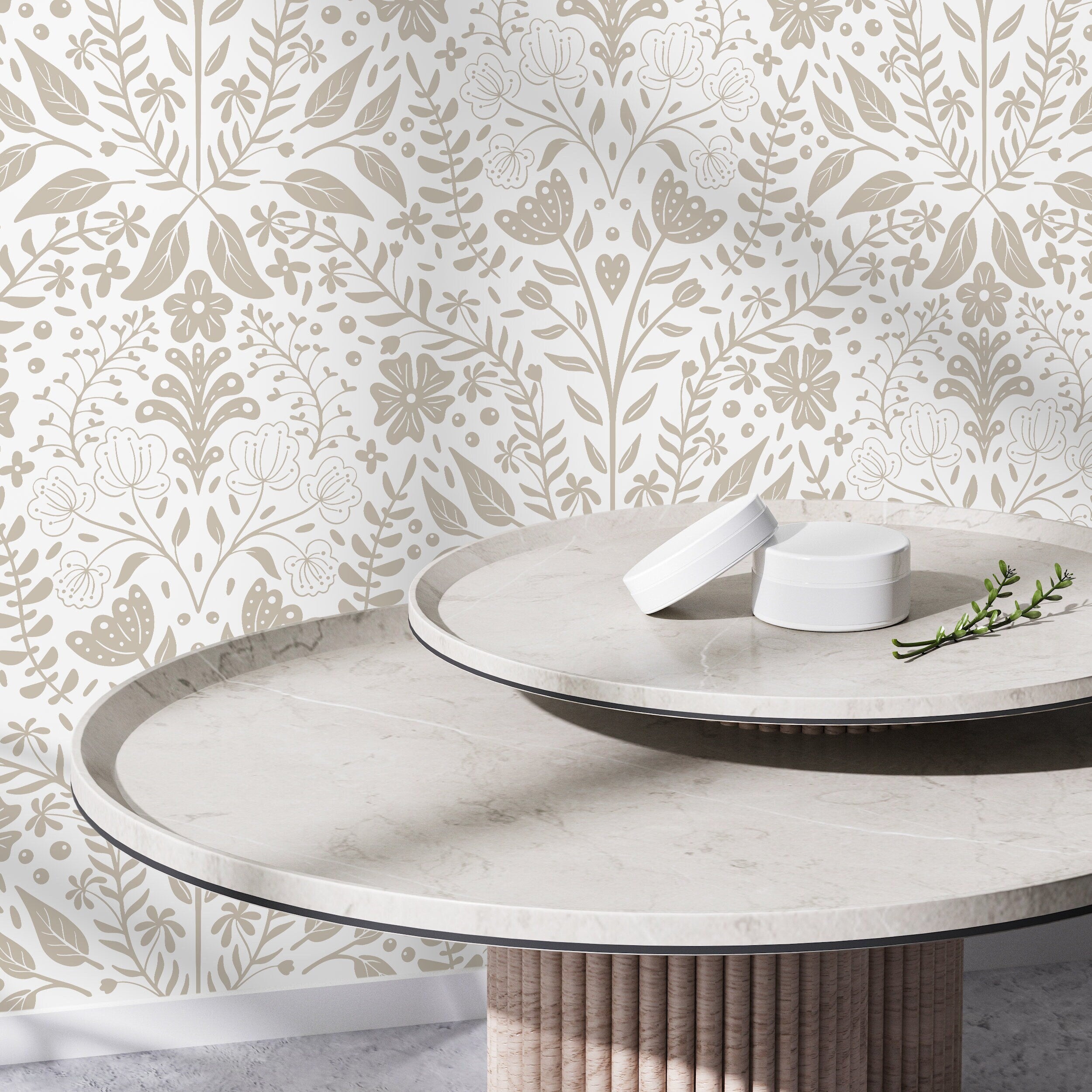 Floral Wallpaper With A Symmetrical Folk Art Motif In Neutral Beige - D039