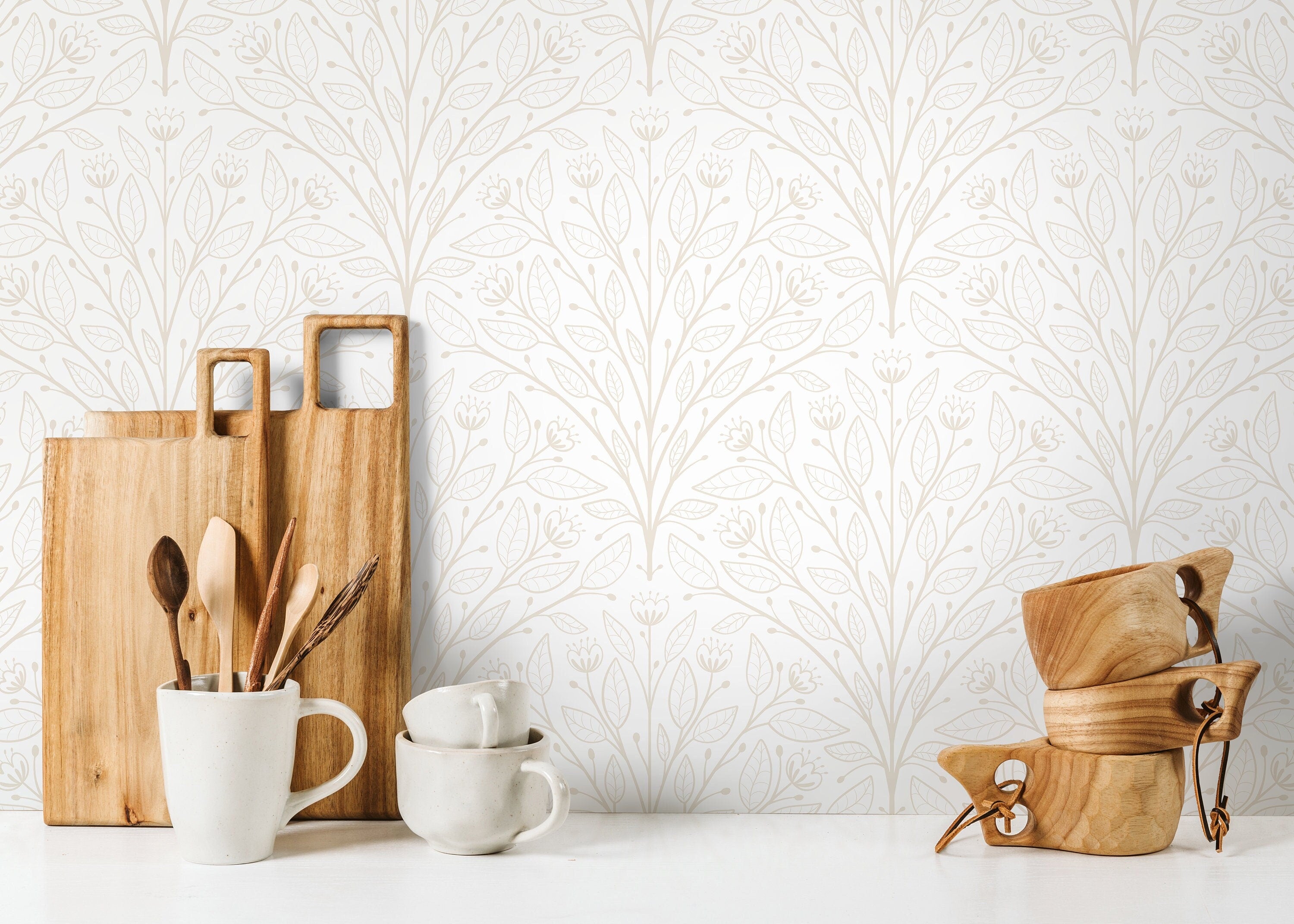 Botanical Wallpaper With A Symmetrical Vine Pattern In Beige - D042