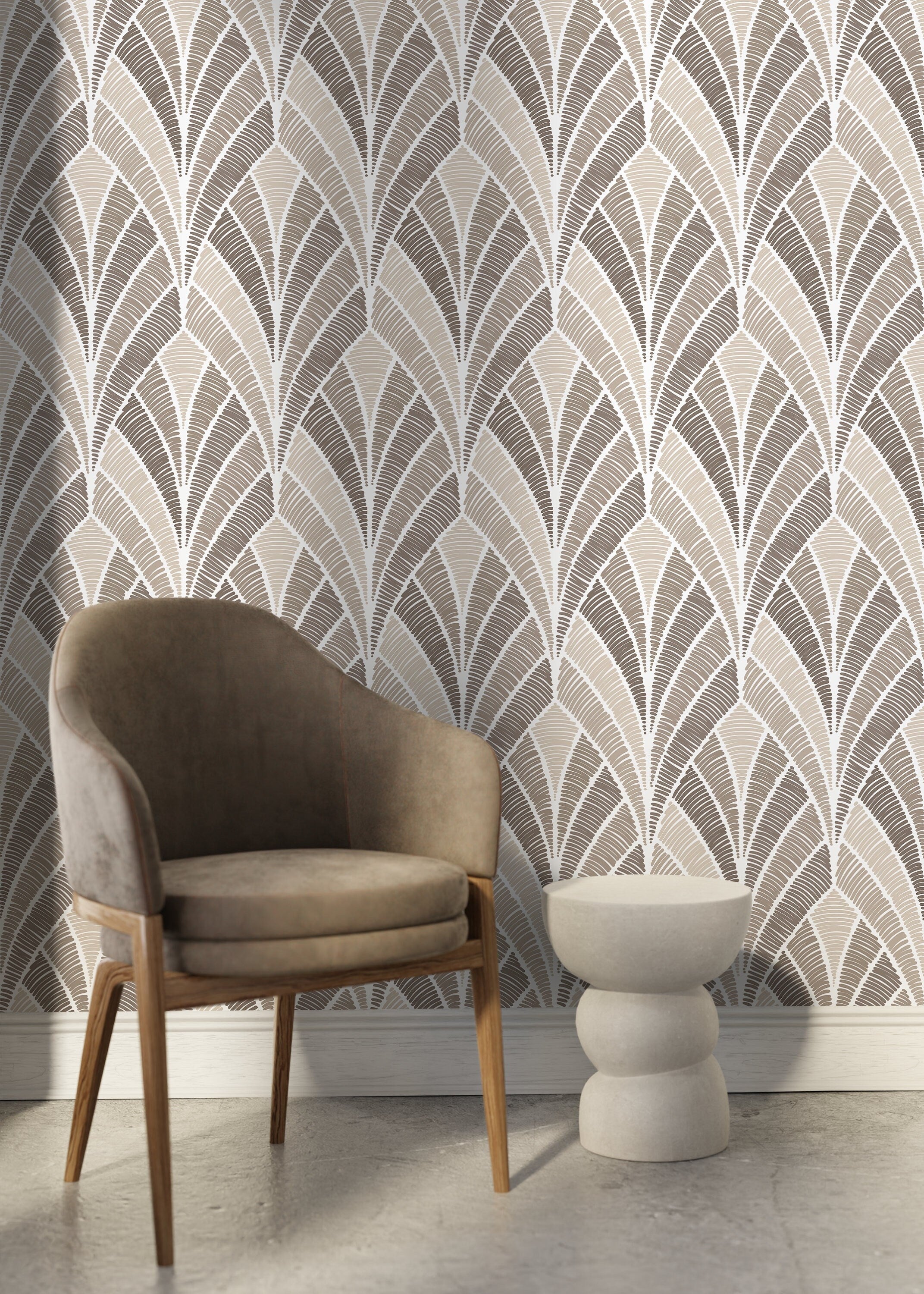 Art Deco Wallpaper With A Textured Fan Motif In Beige And Taupe - D017