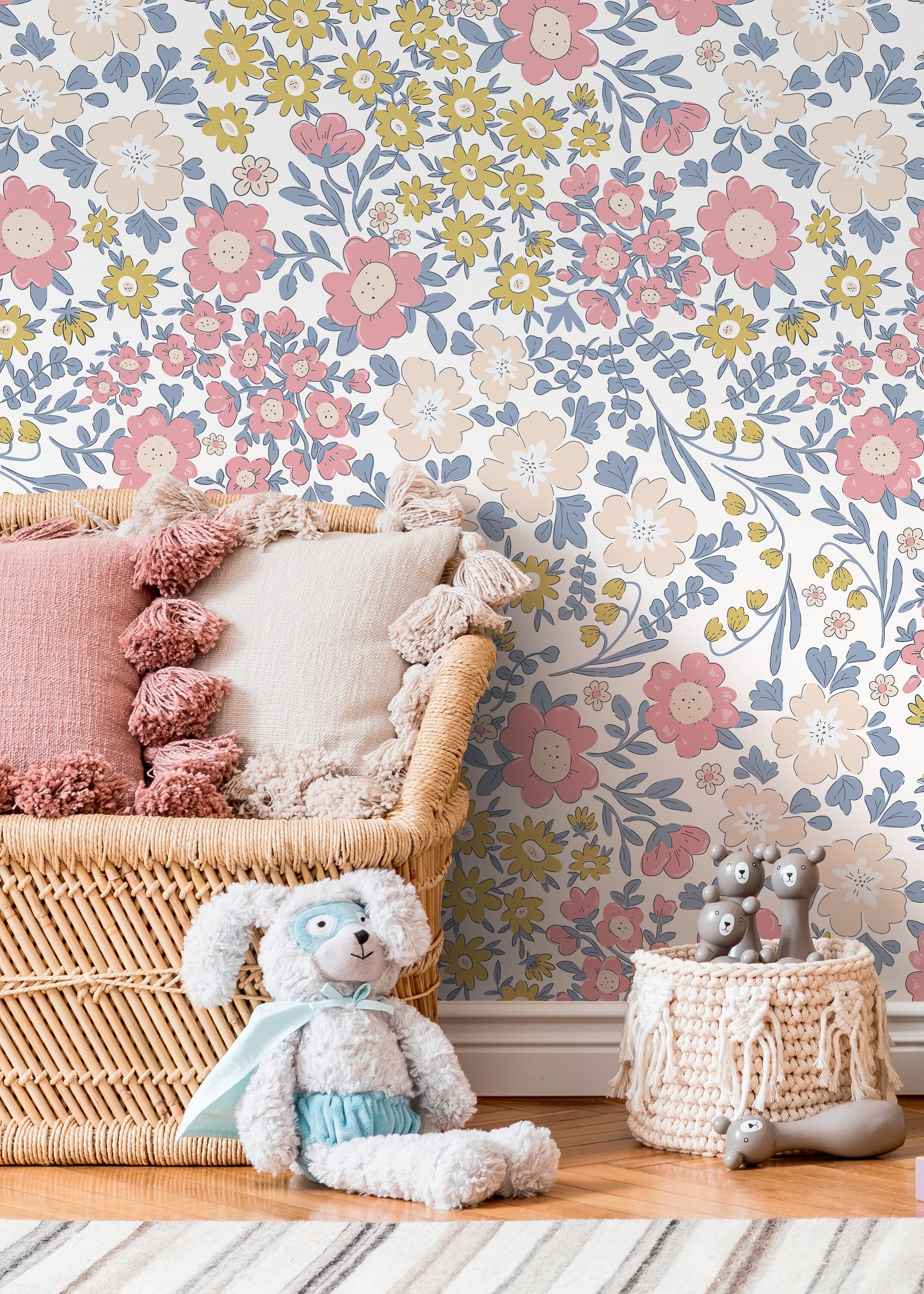 Floral Wallpaper With A Whimsical Garden Motif In Pink, Yellow, And Blue - D002