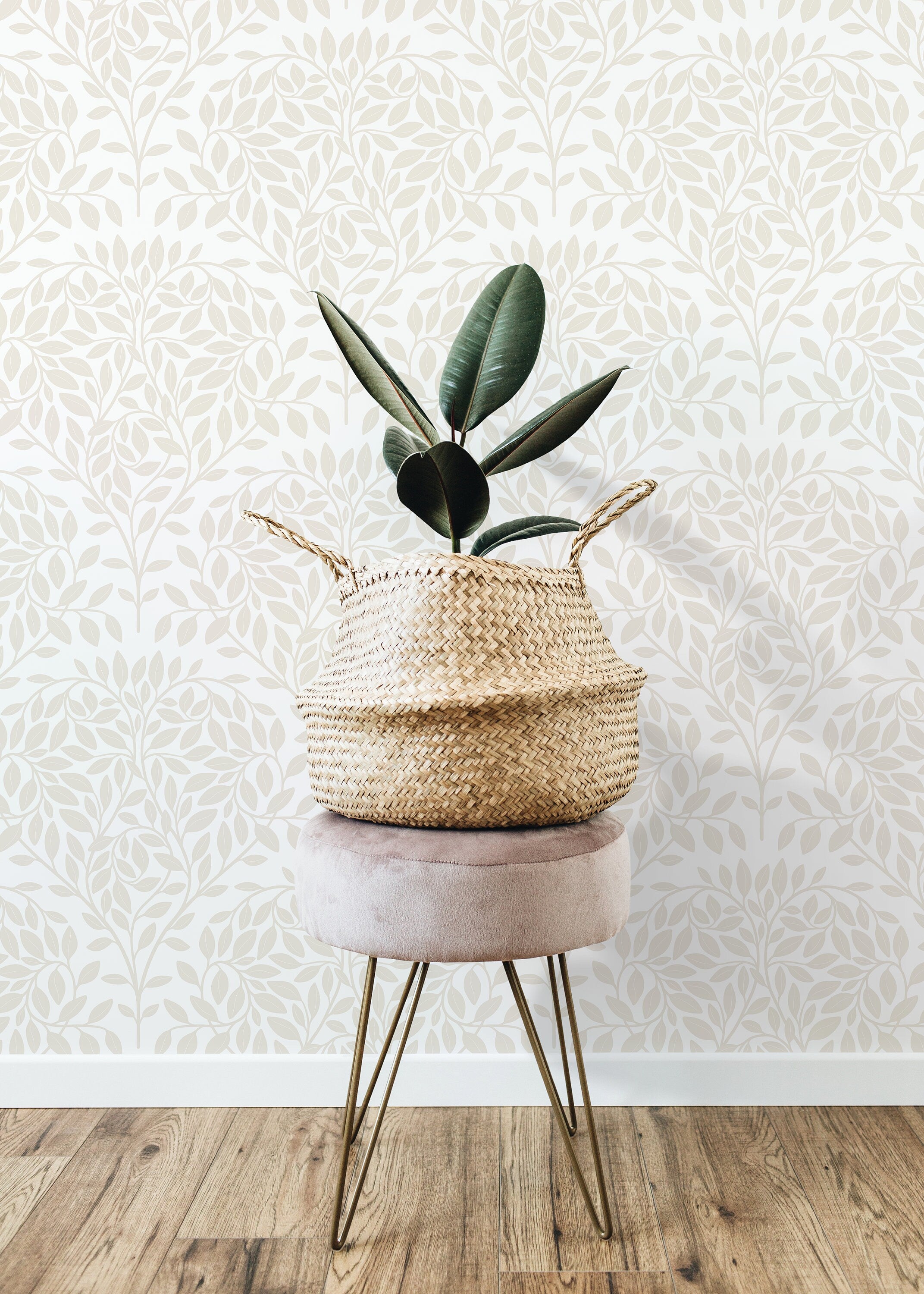 Botanical Wallpaper With Serene Leafy Branches In Neutral Beige - D034