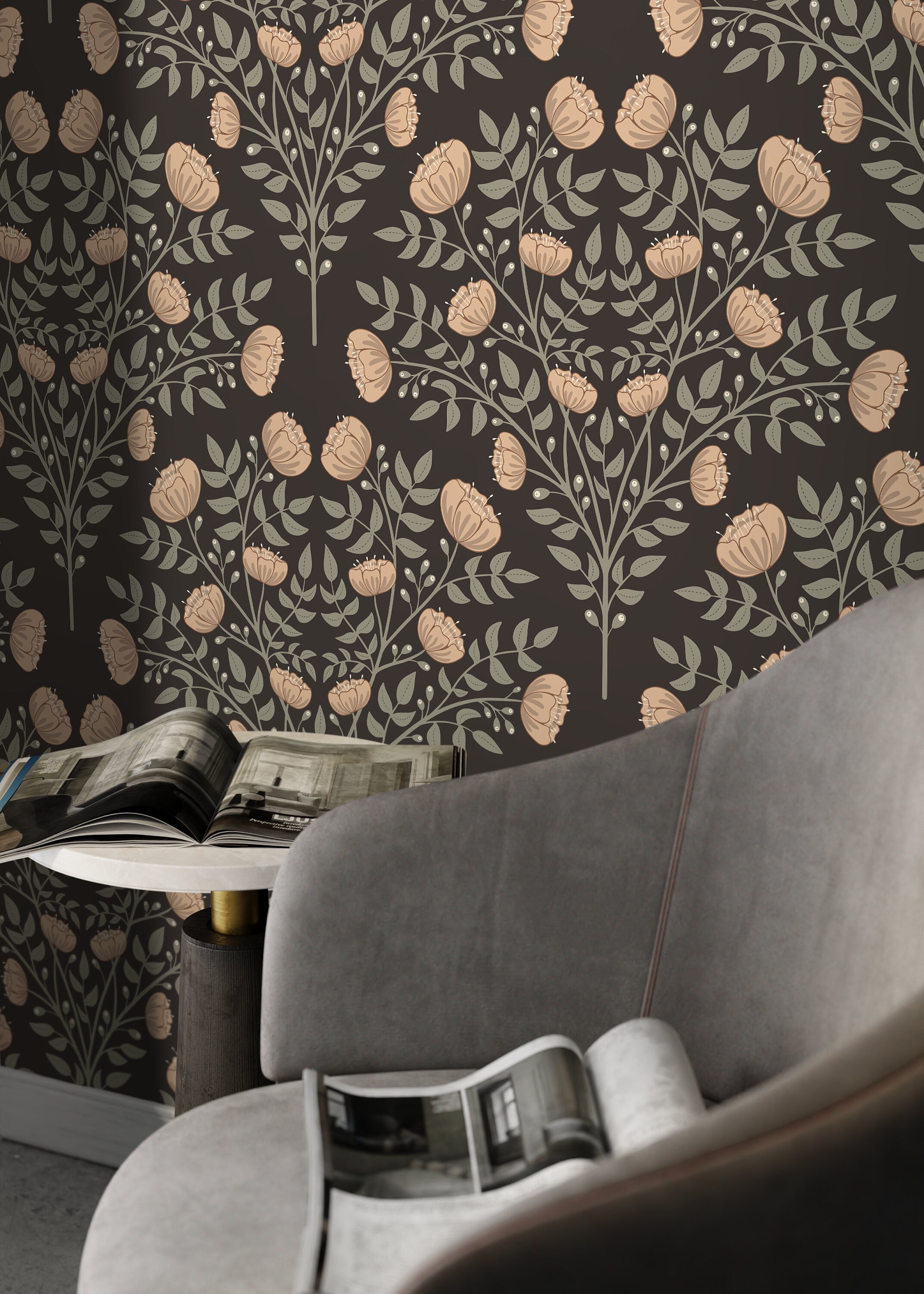 Botanical Wallpaper With Floral Trees In Brown, Green, And Beige - D036