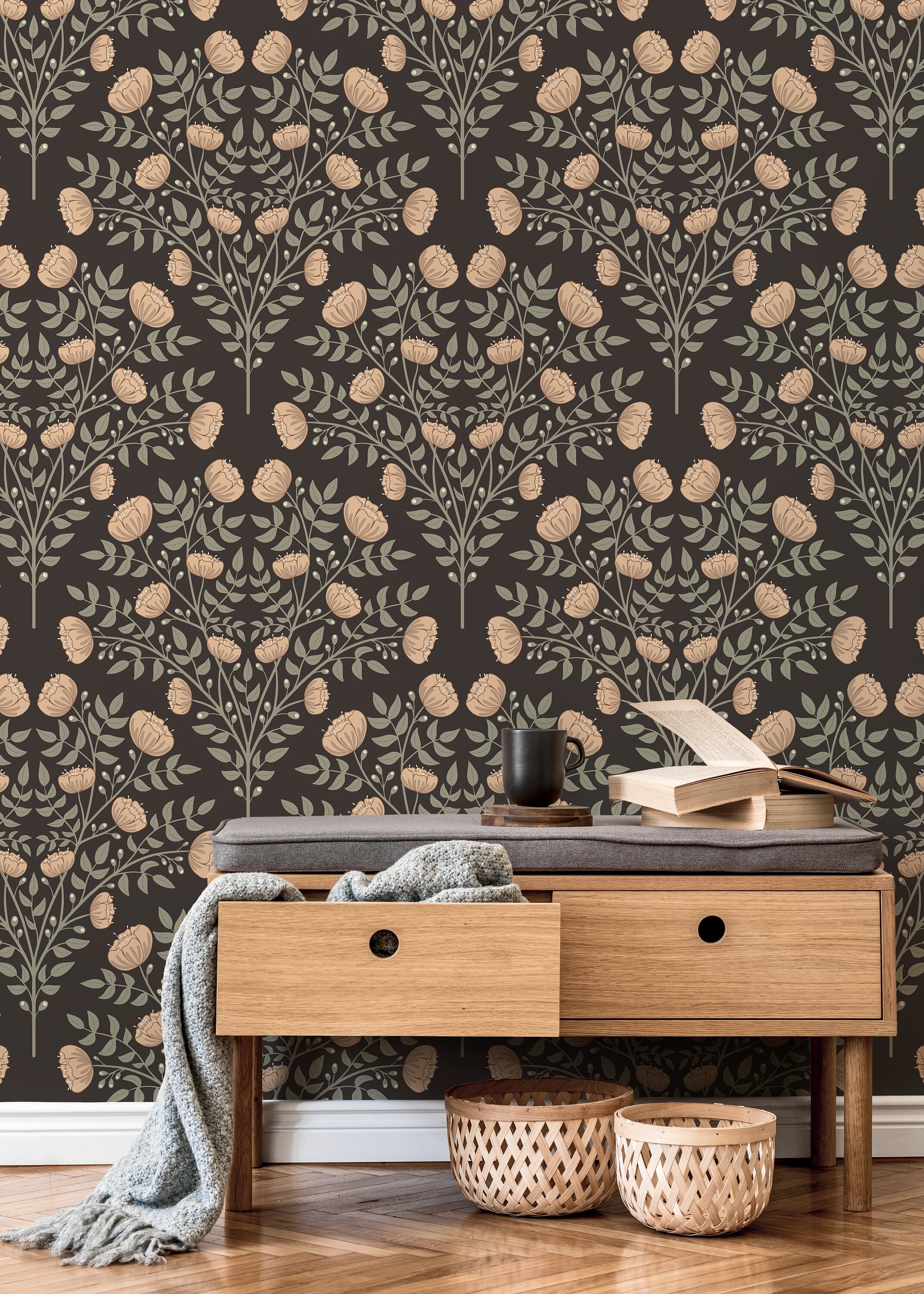 Botanical Wallpaper With Floral Trees In Brown, Green, And Beige - D036