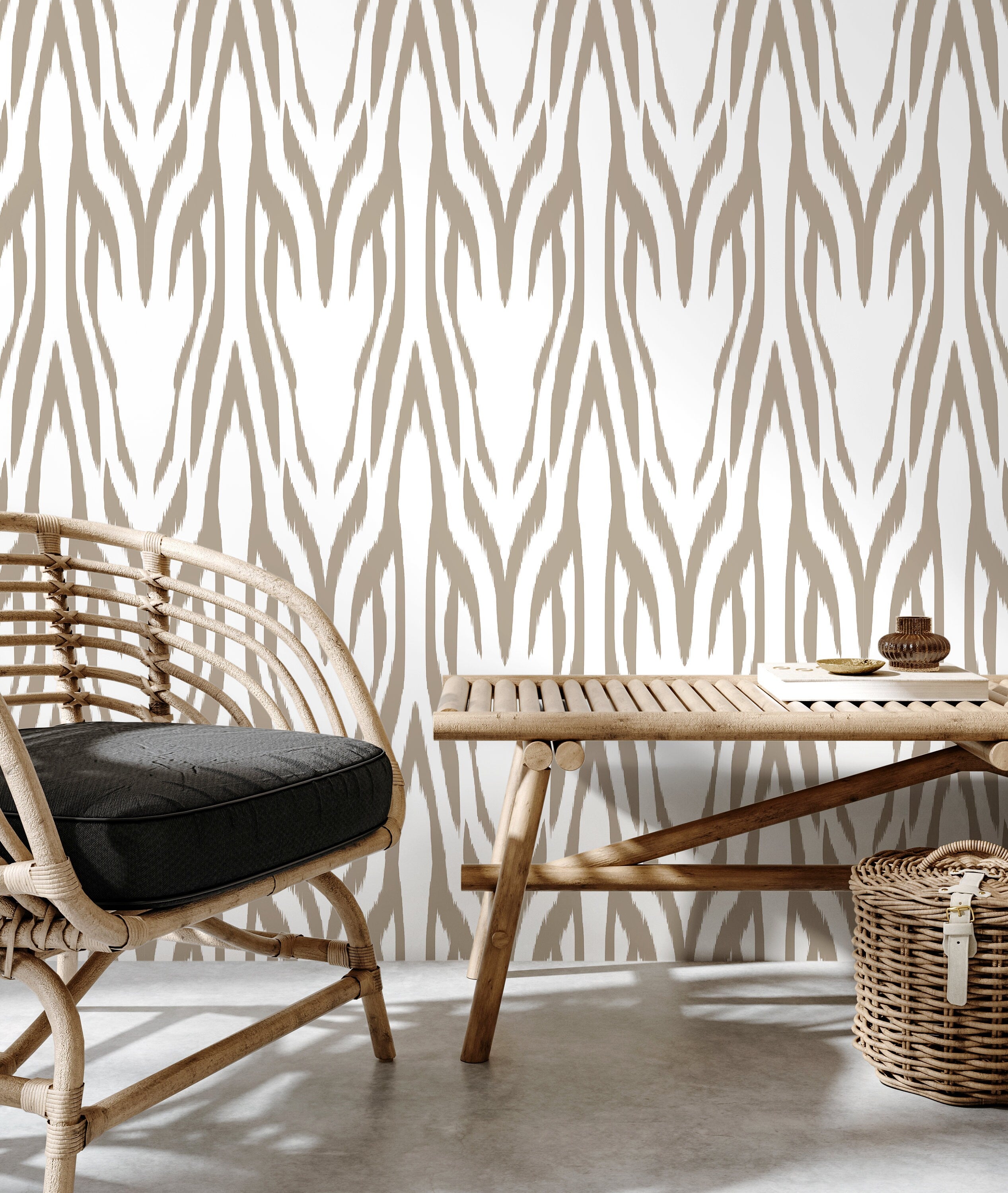 Ikat Wallpaper With A Bold Chevron Motif In Beige - D009