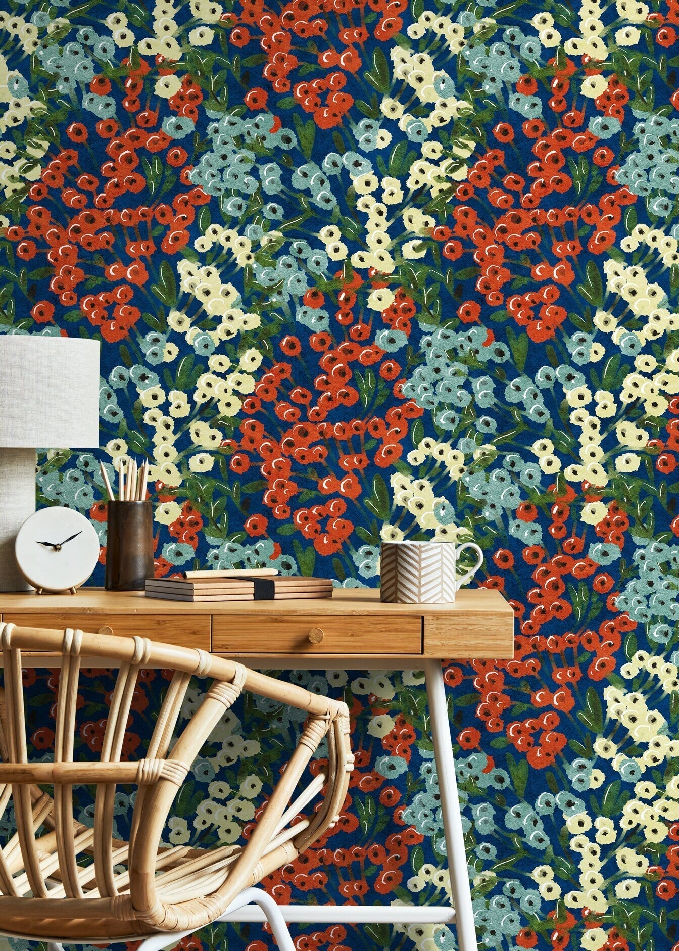 Floral Wallpaper With Painterly Wildflowers In Blue, Red, And Cream - D013