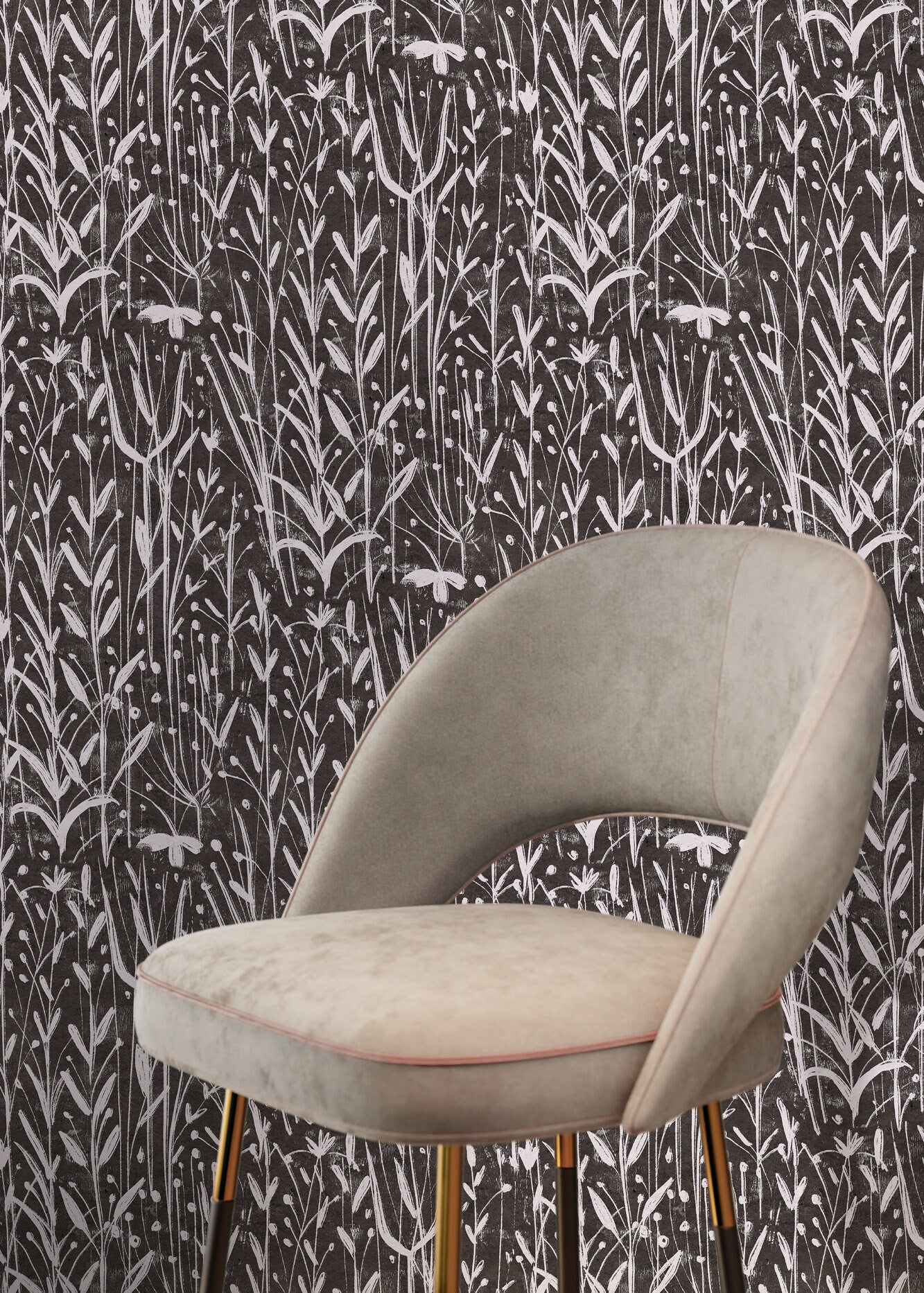 Boho Wallpaper With A Wildflower Sketch Motif In Charcoal And Off-white - D014