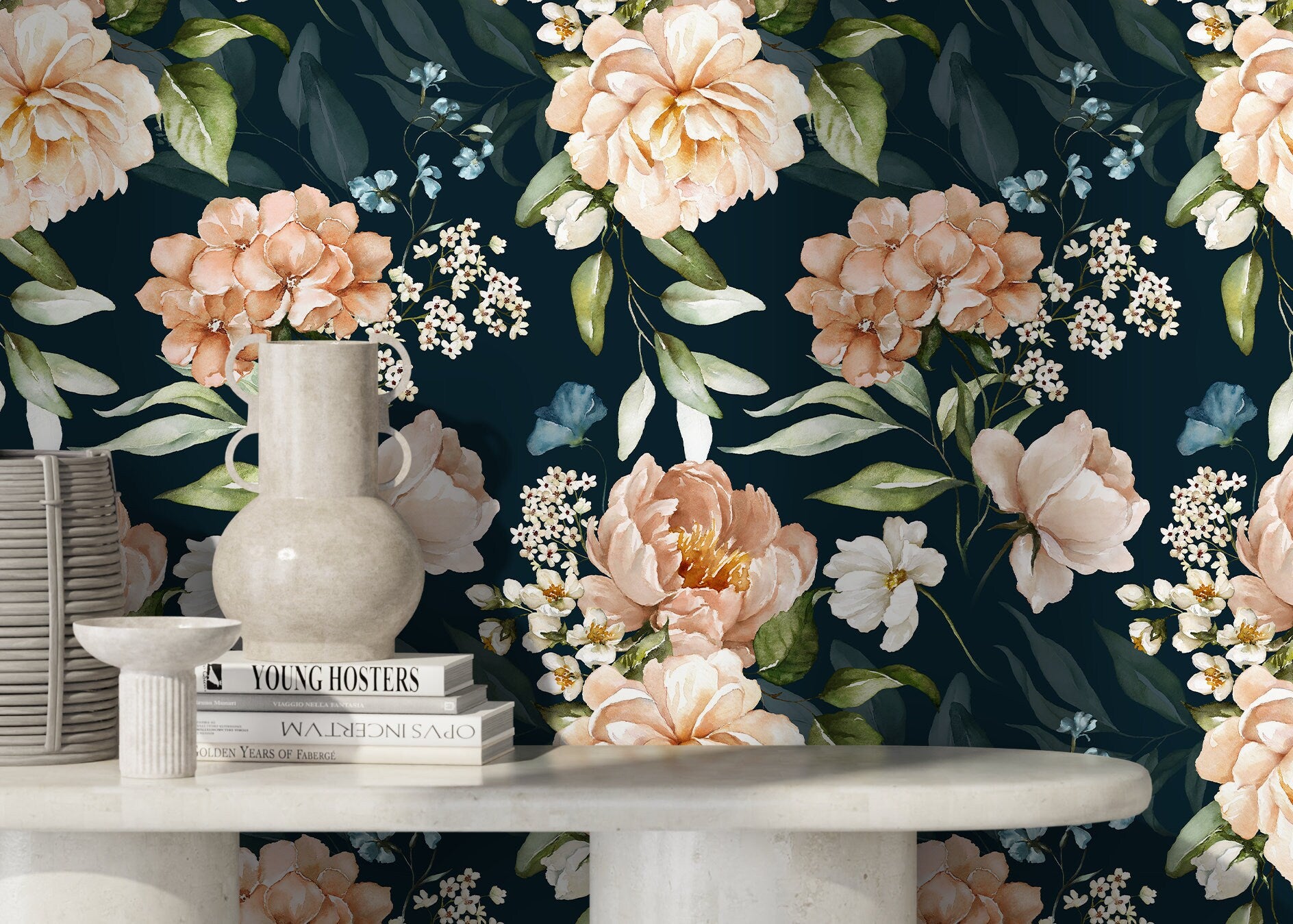 Floral Wallpaper With Vintage Peonies In Peach, Blue, And Green - D021