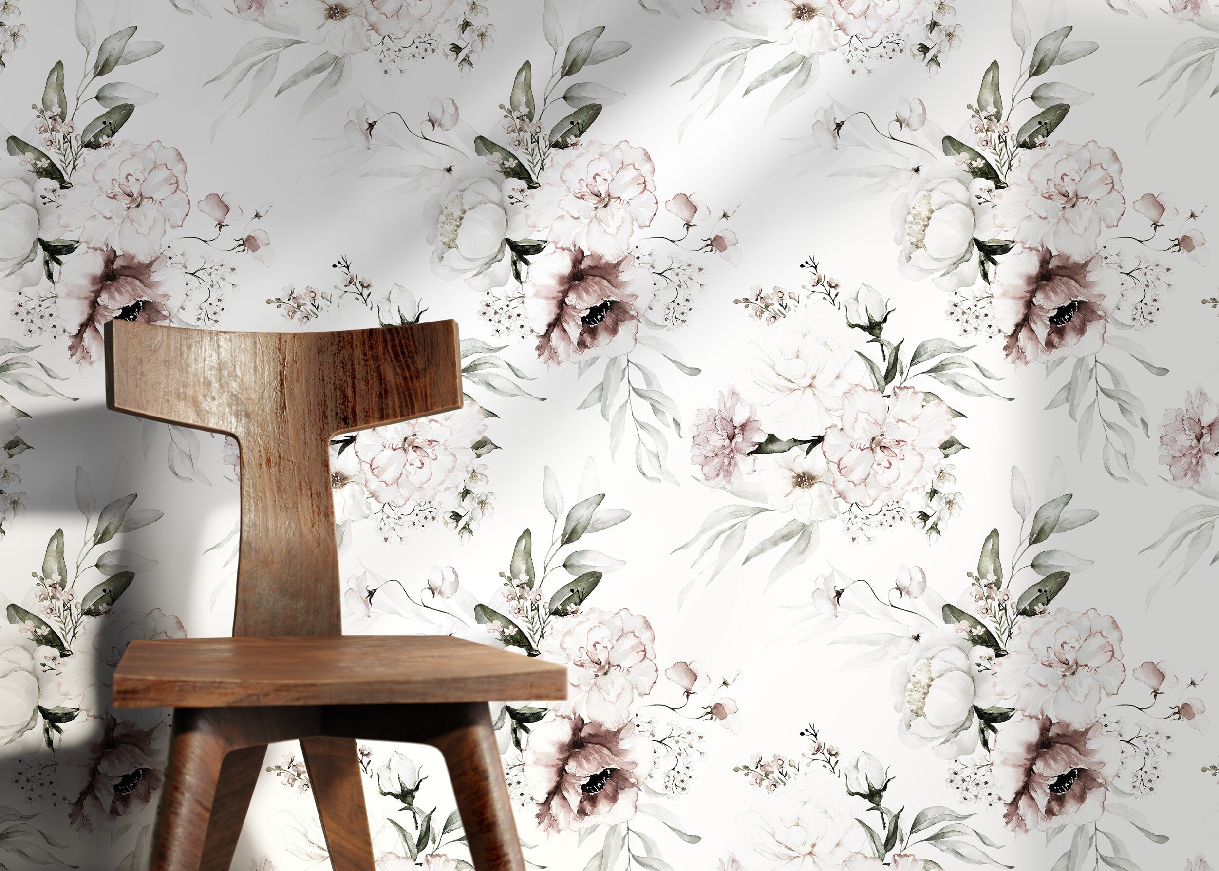 Floral Wallpaper Featuring Vintage Peony Blooms In Neutral, Mauve, And Green - D023