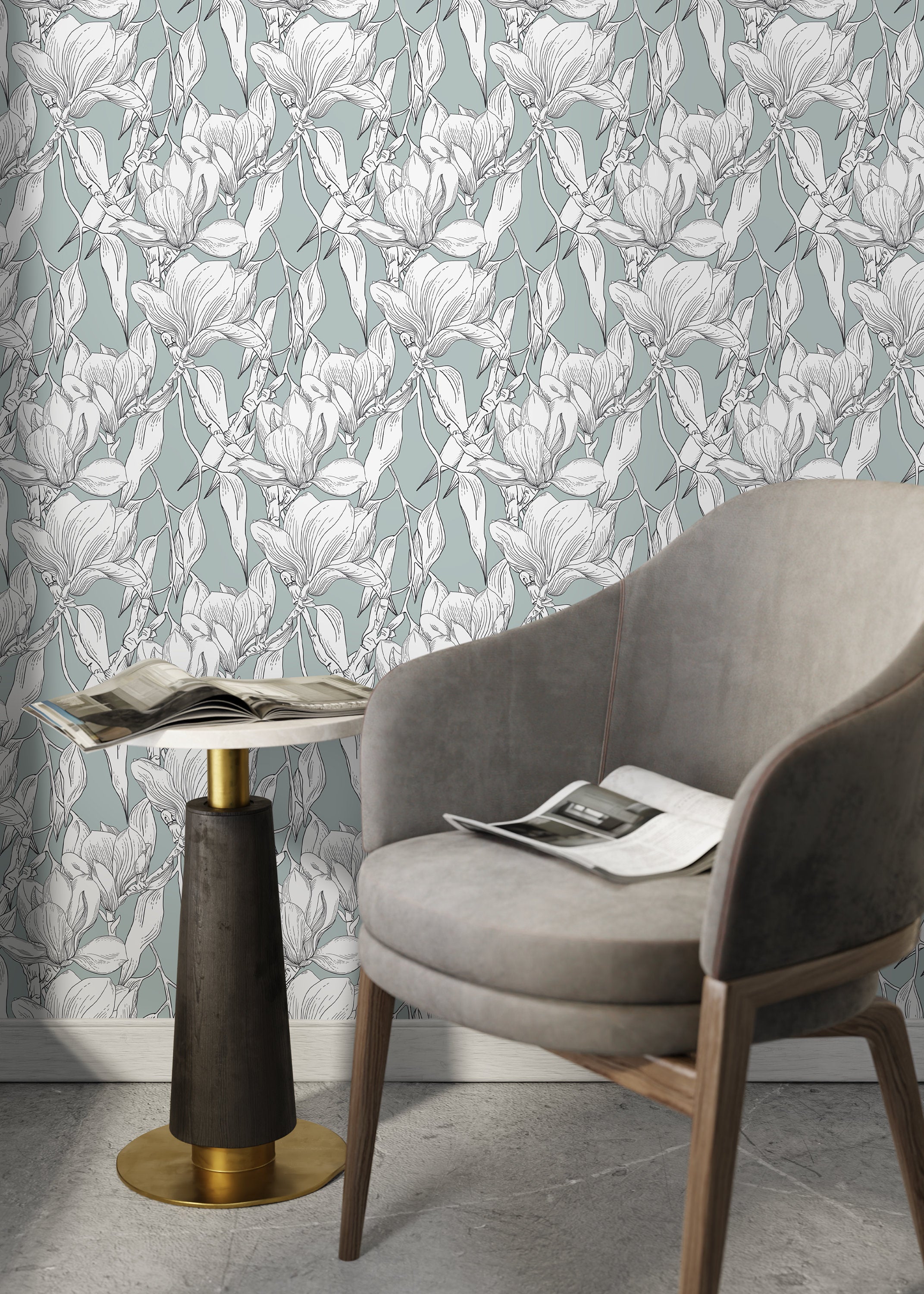 Botanical Wallpaper With A Magnolia Line Art Motif In Sage Green And Black - D025
