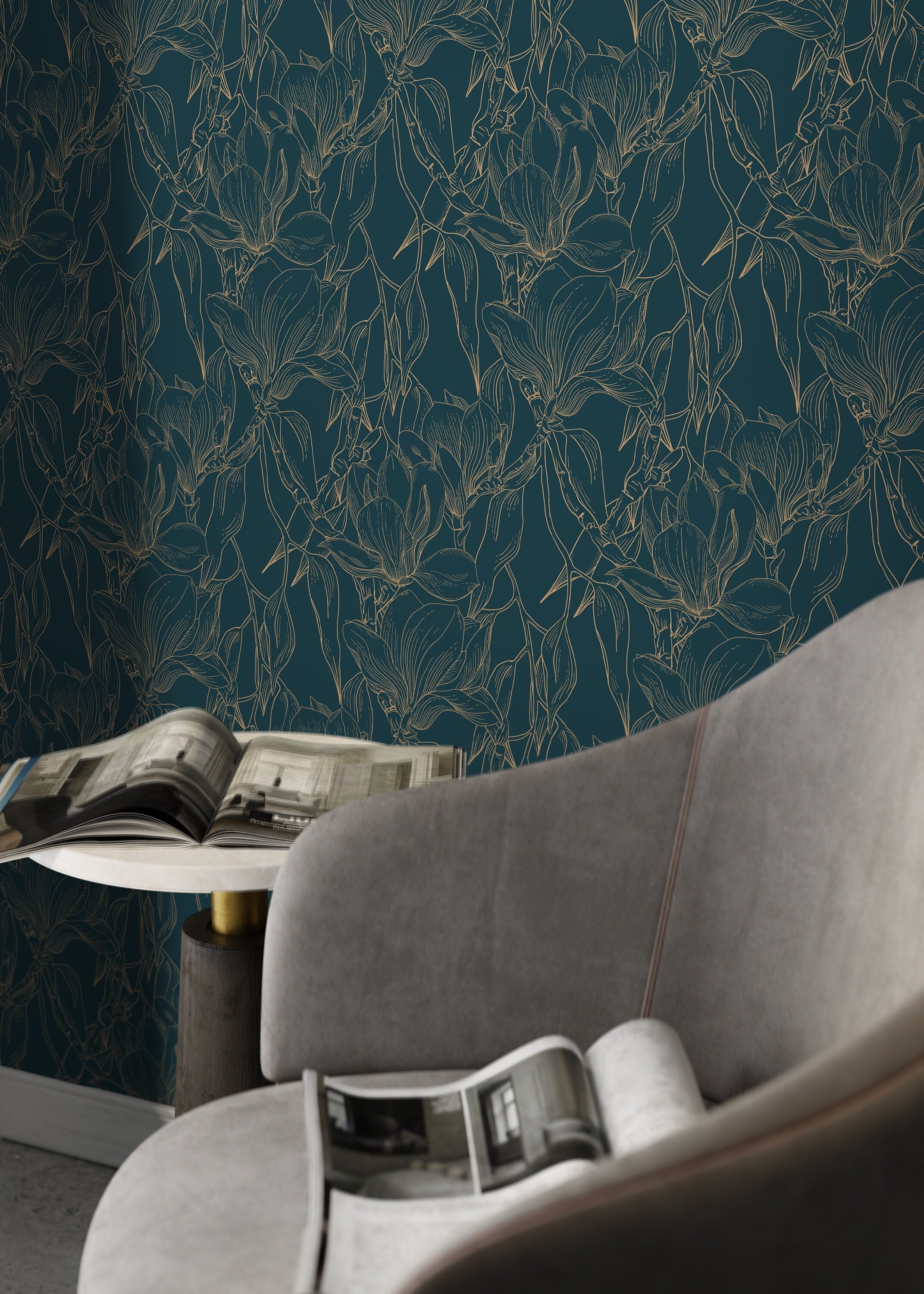 Floral Wallpaper With Elegant Magnolia Outlines In Teal And Gold - D027