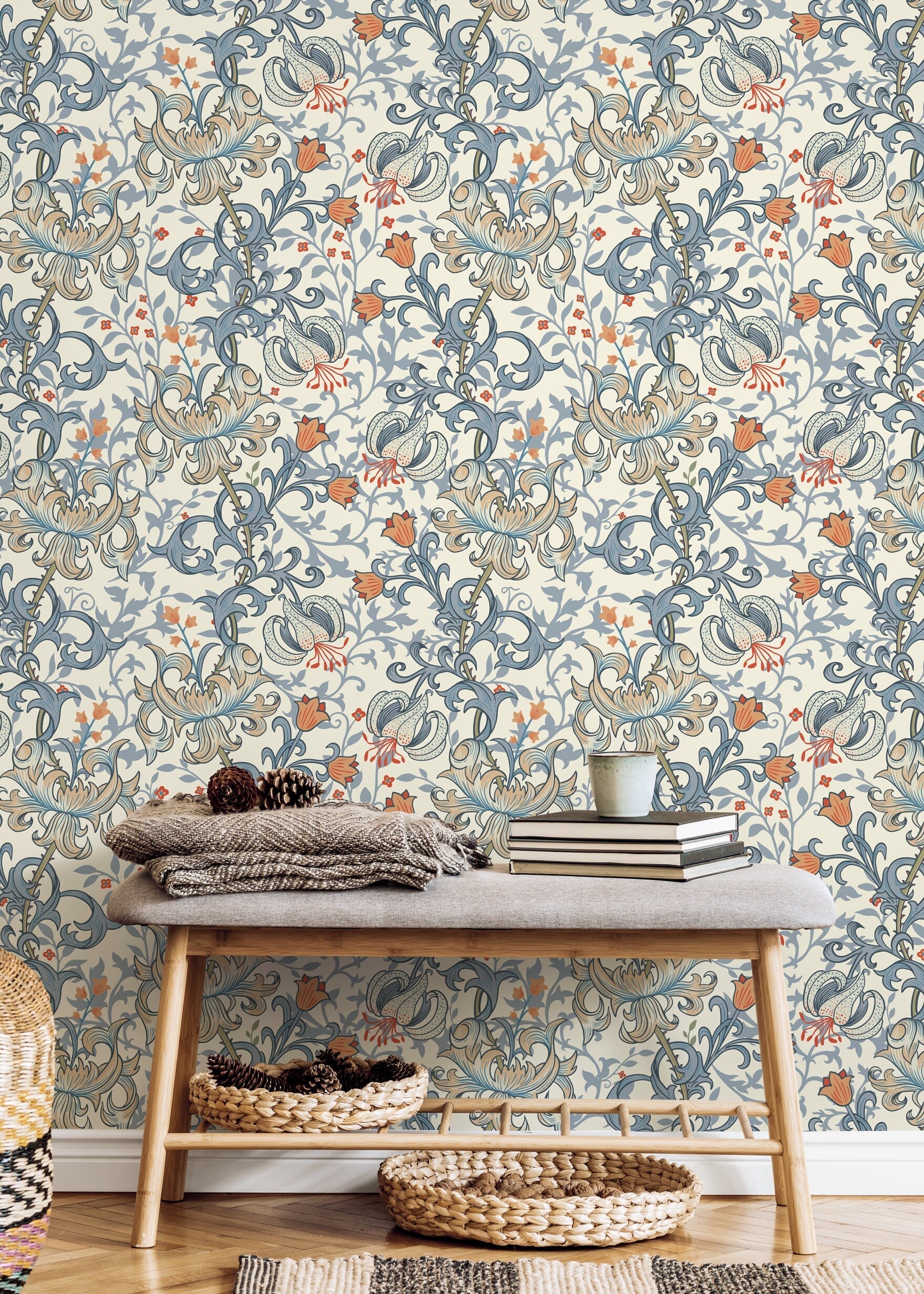 Floral Wallpaper With An Intricate Lily Motif In Blue, Orange, And Beige - D031