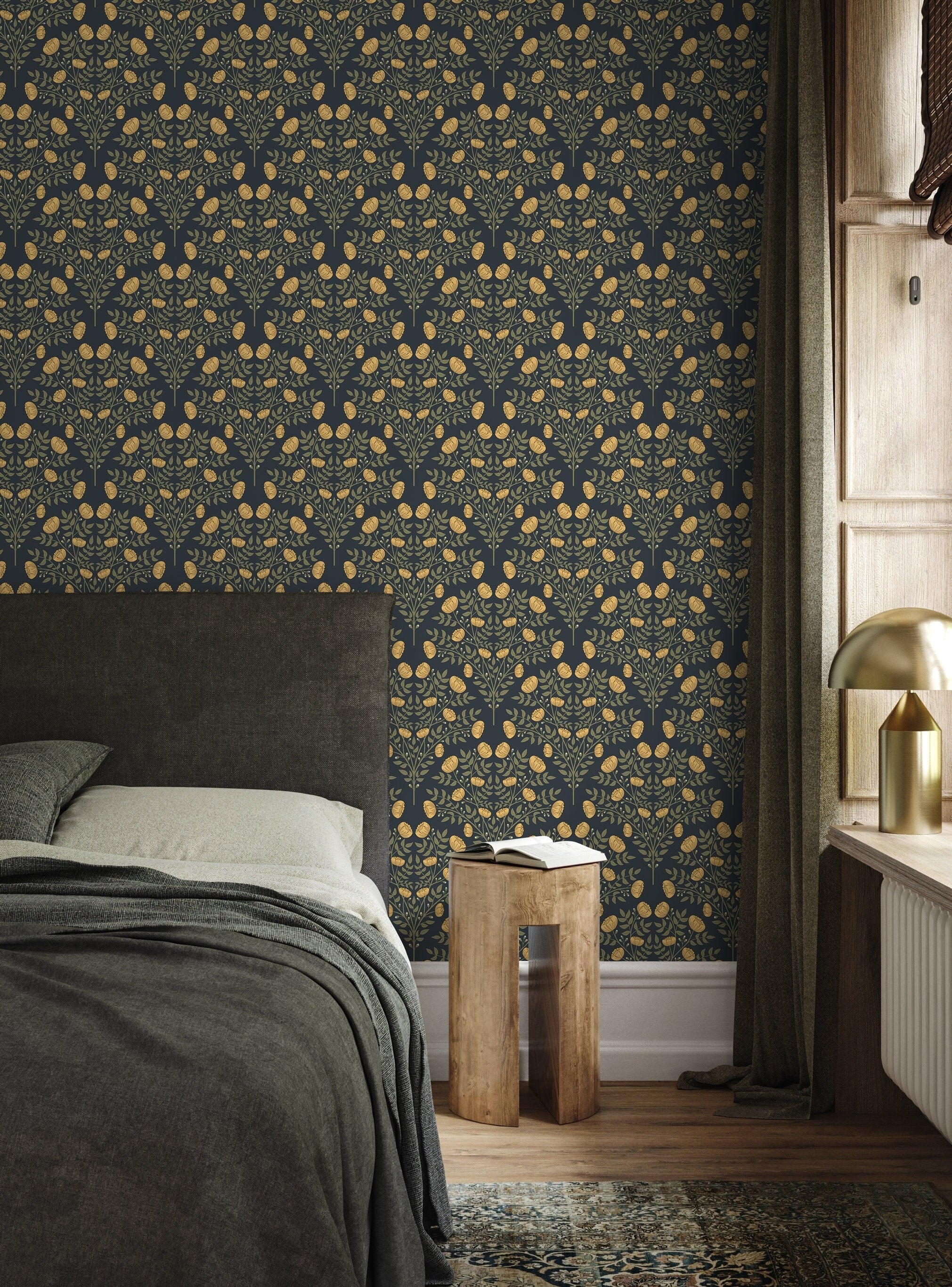 Art Nouveau Wallpaper With A Stylized Floral Motif In Dark Blue And Gold - D038