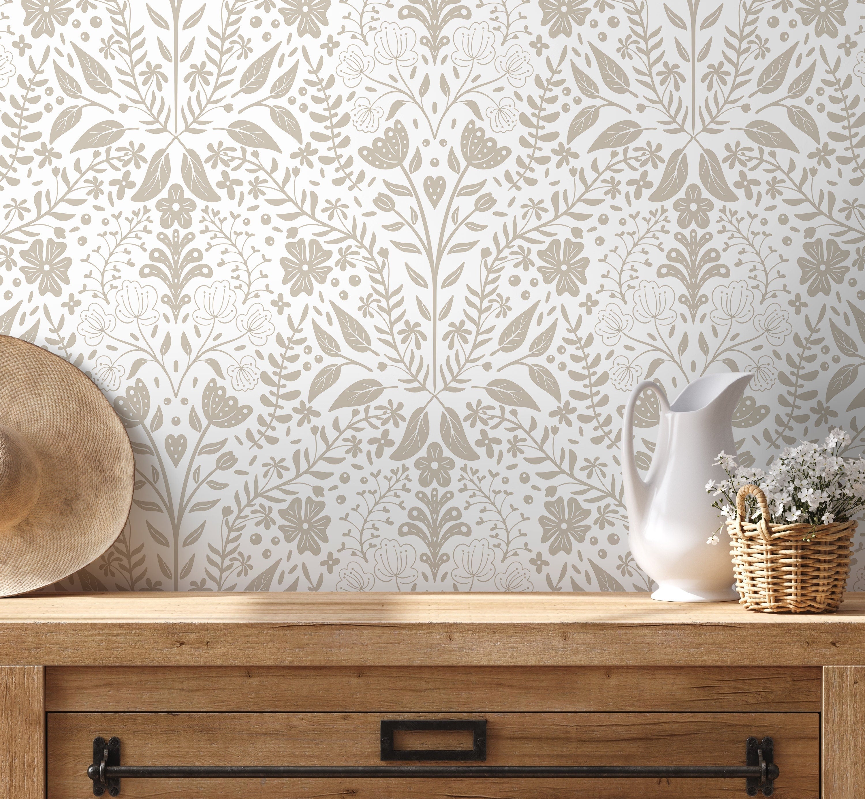Floral Wallpaper With A Symmetrical Folk Art Motif In Neutral Beige - D039