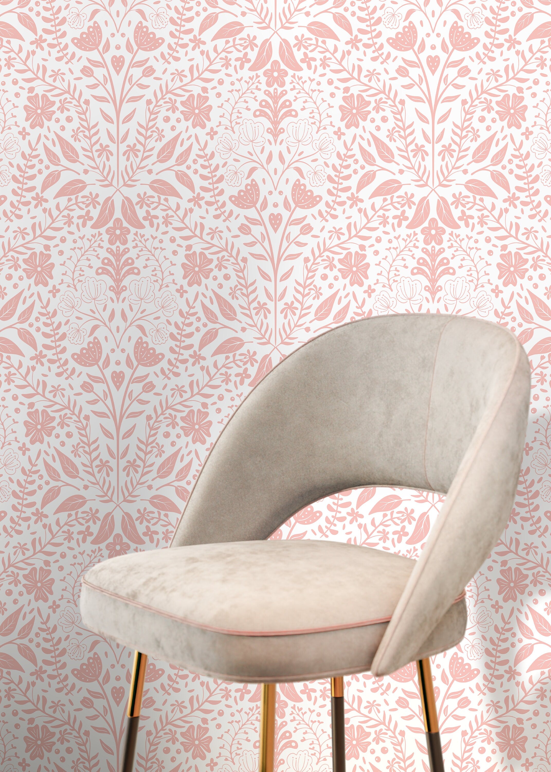 Floral Wallpaper With A Symmetrical Folk Art Motif In Pink - D040