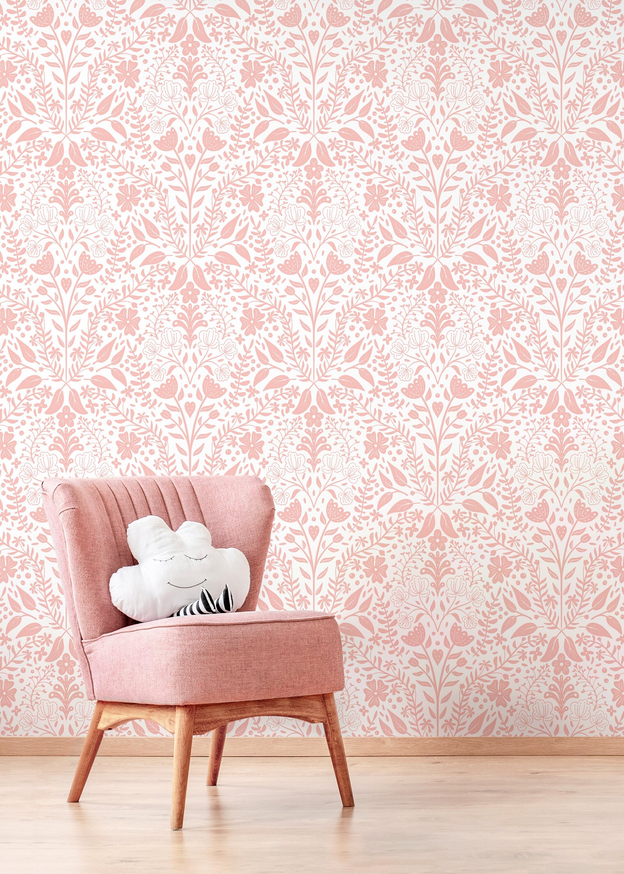Floral Wallpaper With A Symmetrical Folk Art Motif In Pink - D040