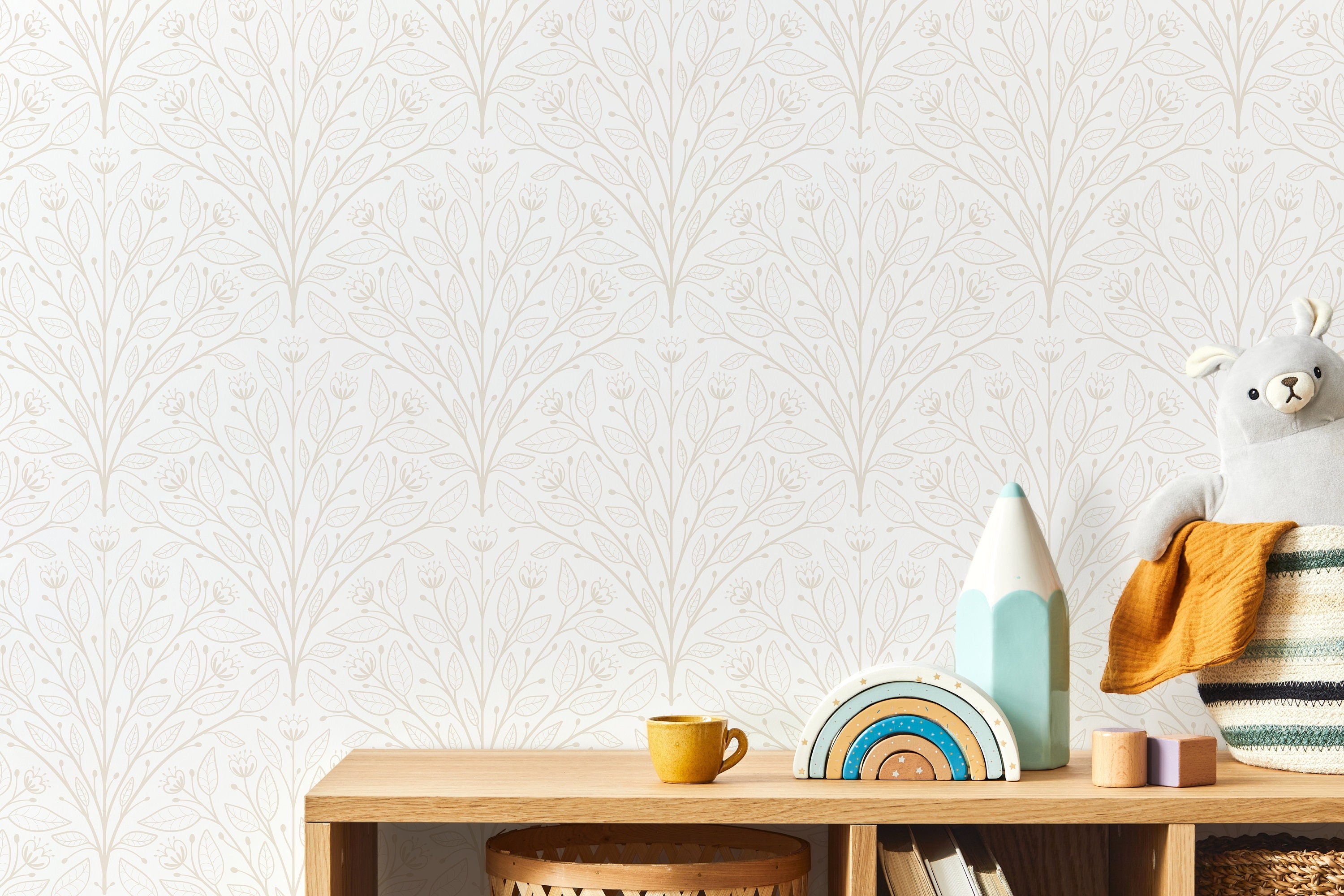 Botanical Wallpaper With A Symmetrical Vine Pattern In Beige - D042