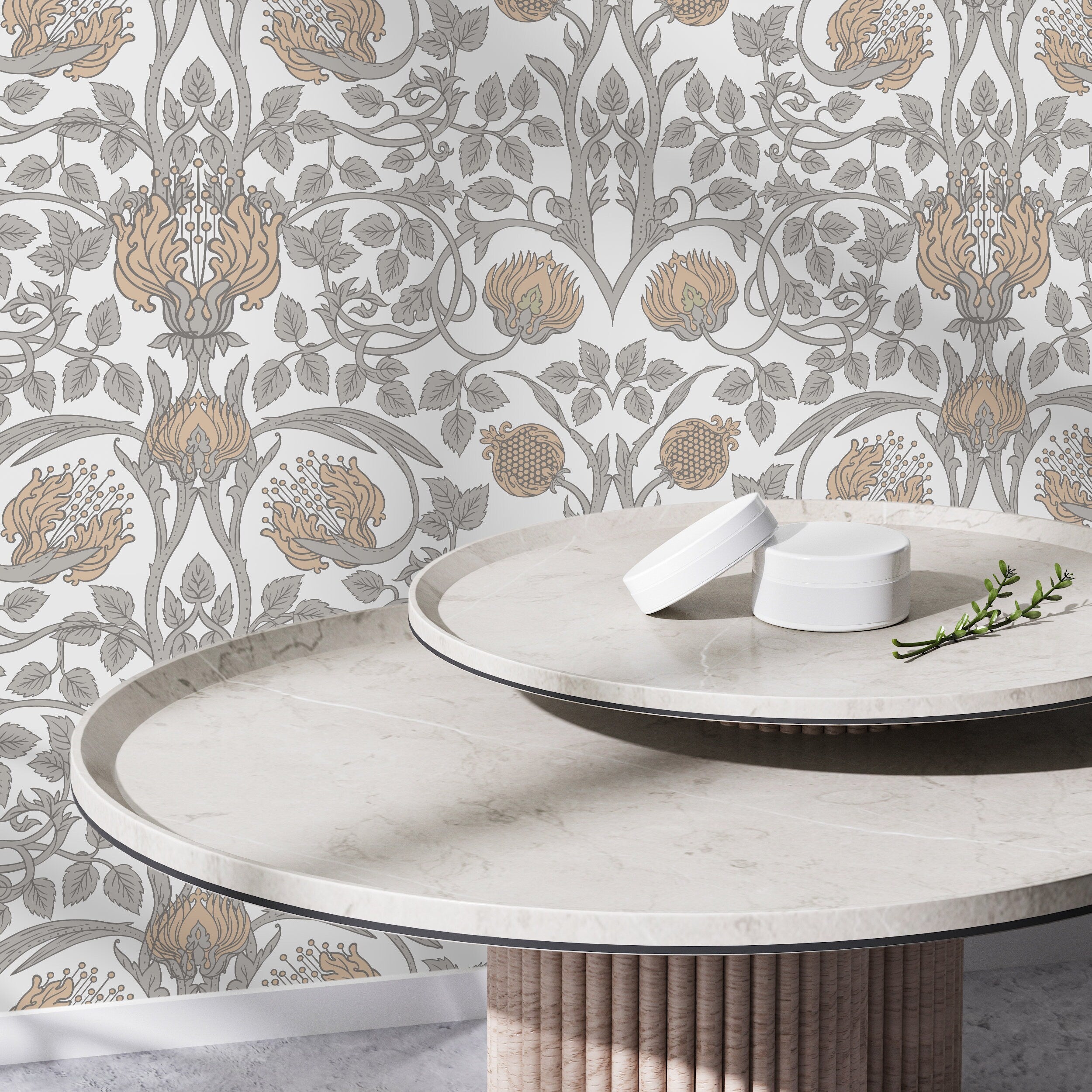 William Morris Wallpaper With A Pomegranate Motif In Beige, Tan, And Gray - D043