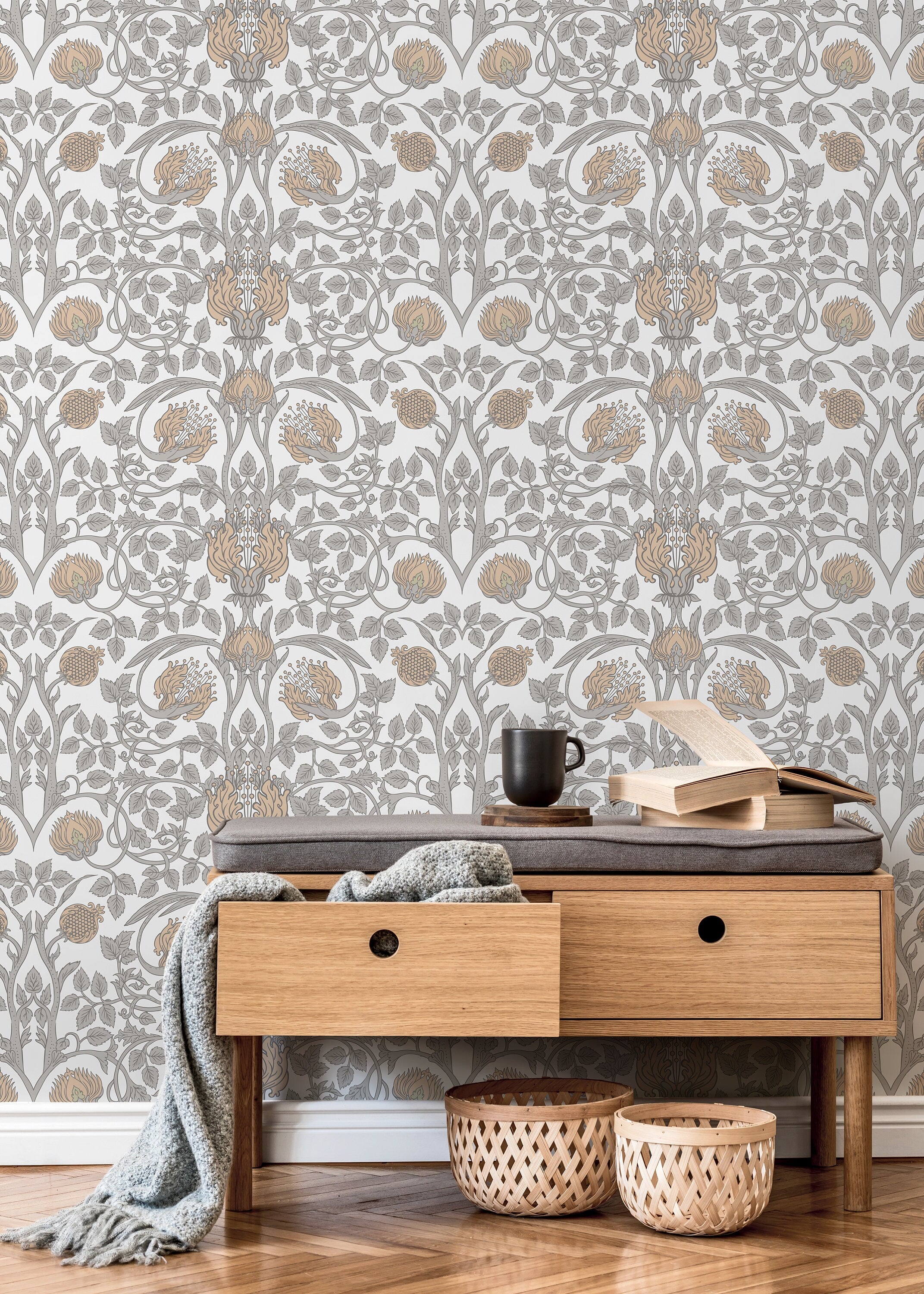 William Morris Wallpaper With A Pomegranate Motif In Beige, Tan, And Gray - D043