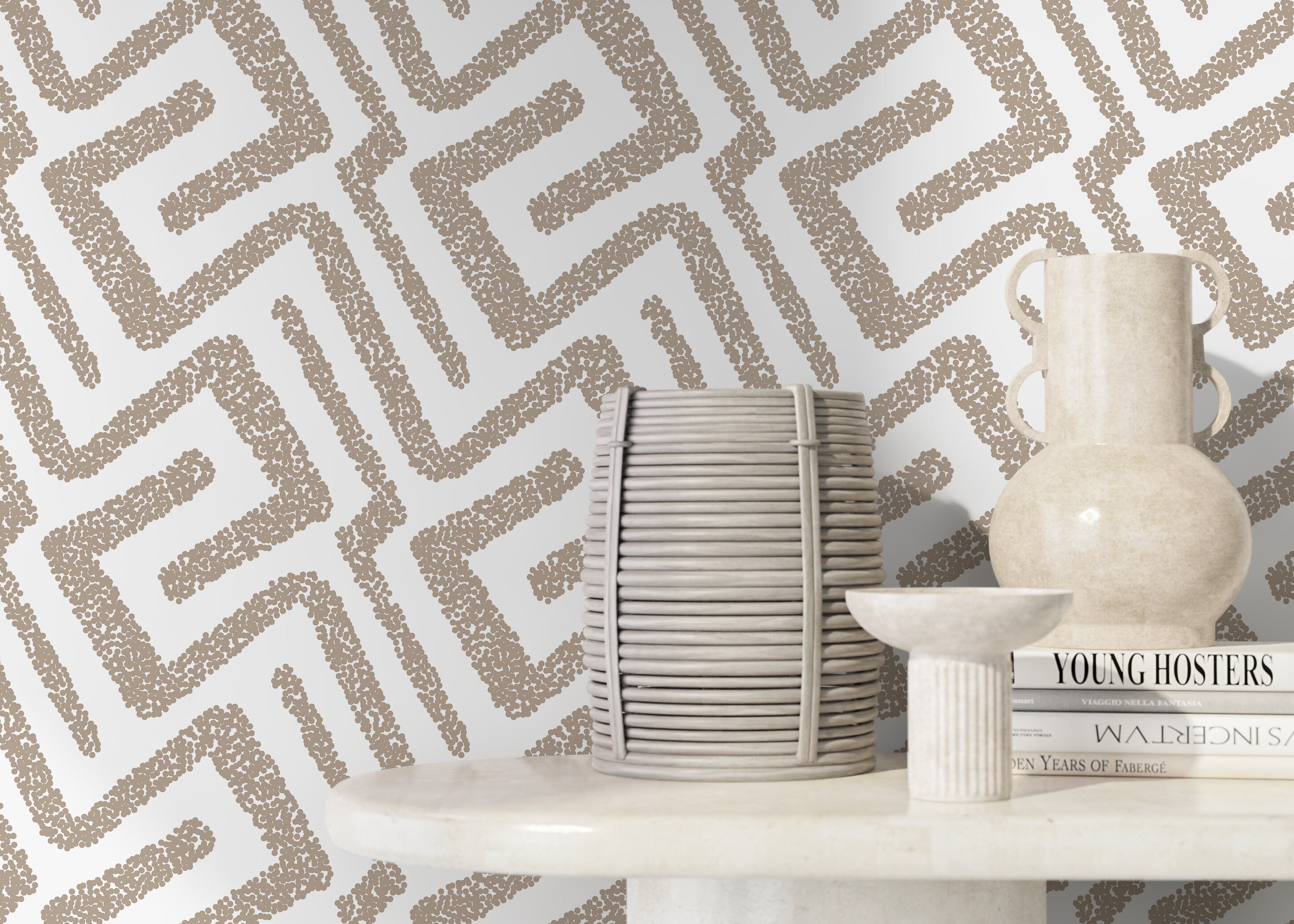 Abstract Wallpaper With A Dotted Labyrinth Motif In Beige - D045