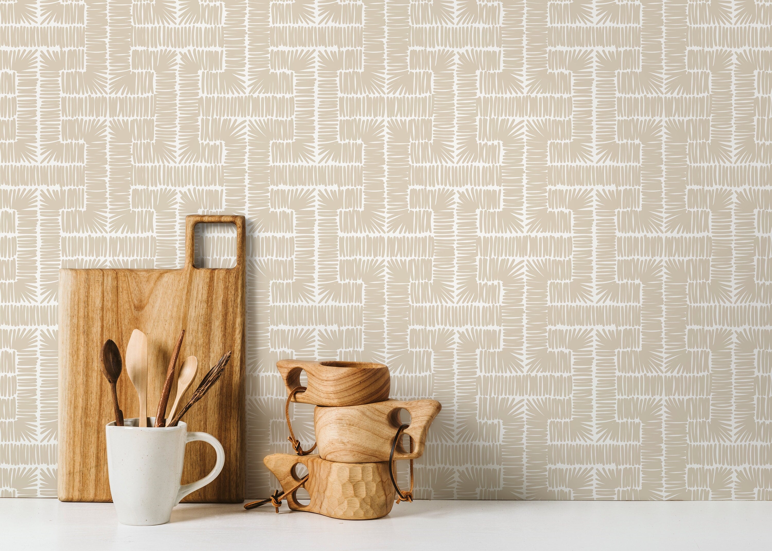 Geometric Wallpaper With A Hand-drawn Hatched Motif In Beige - D049