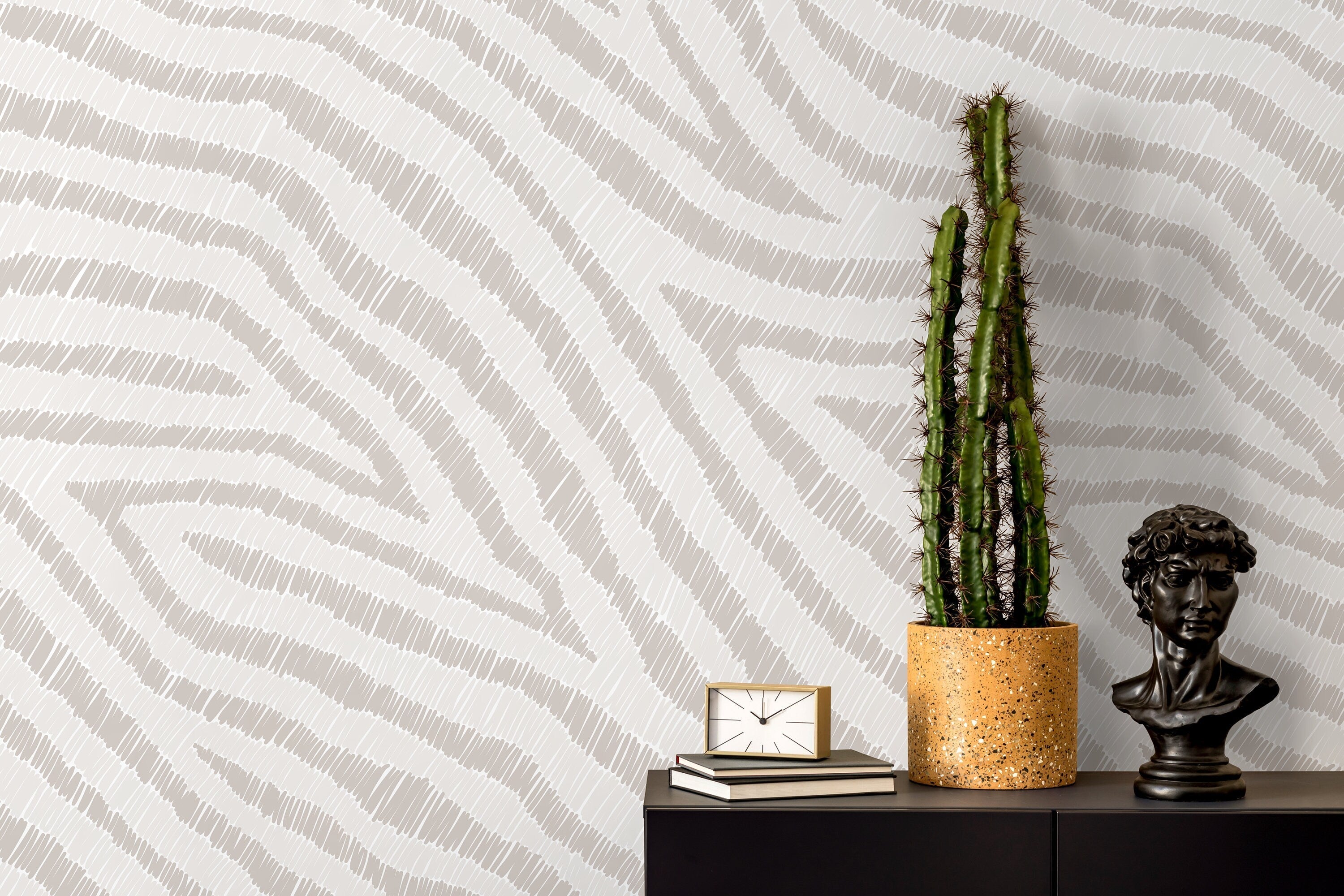 Abstract Wallpaper With Sketched Wavy Lines In Beige And Cream - D050