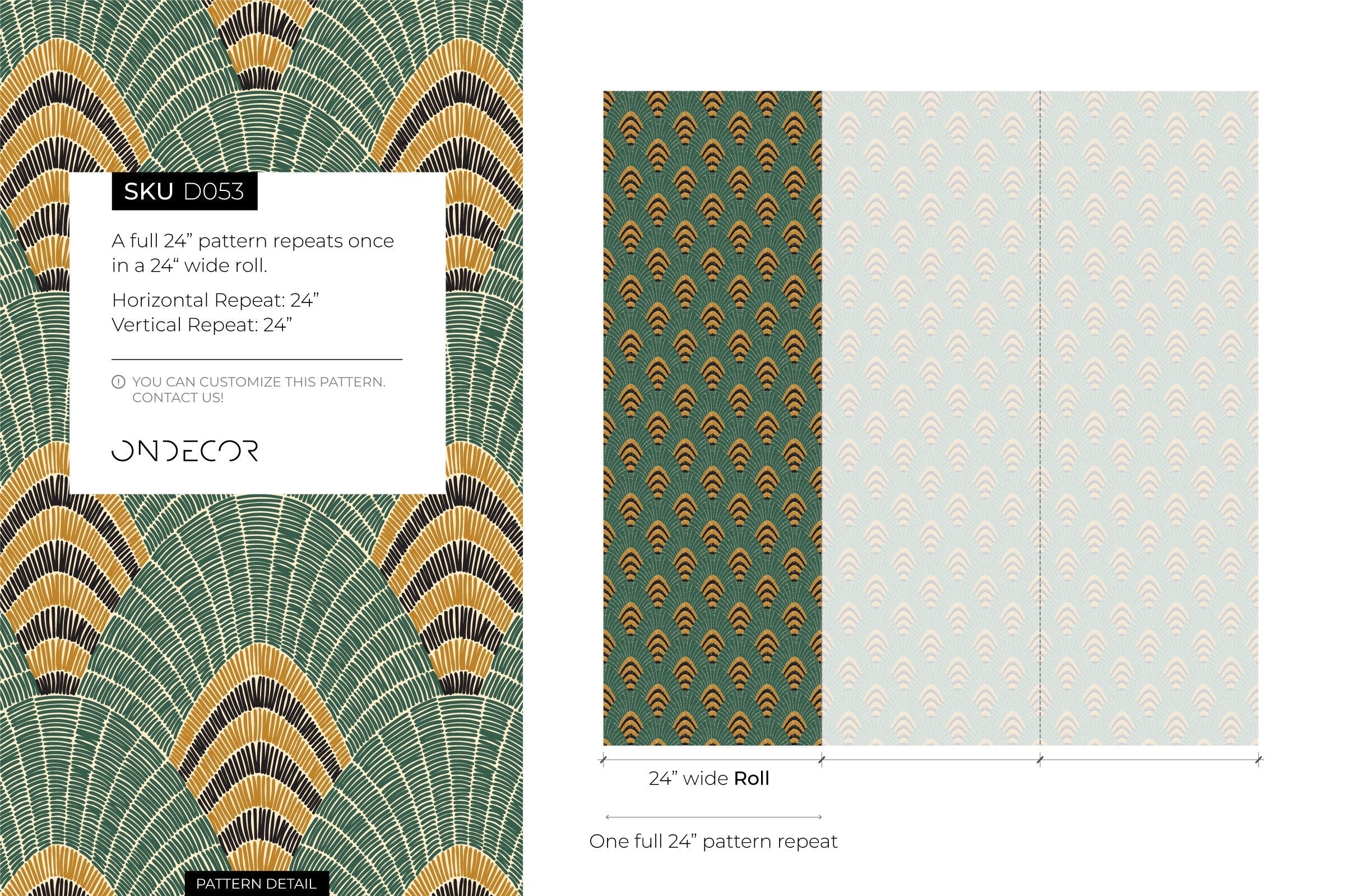 Art Deco Wallpaper With A Geometric Fan Motif In Green, Gold, And Black - D053
