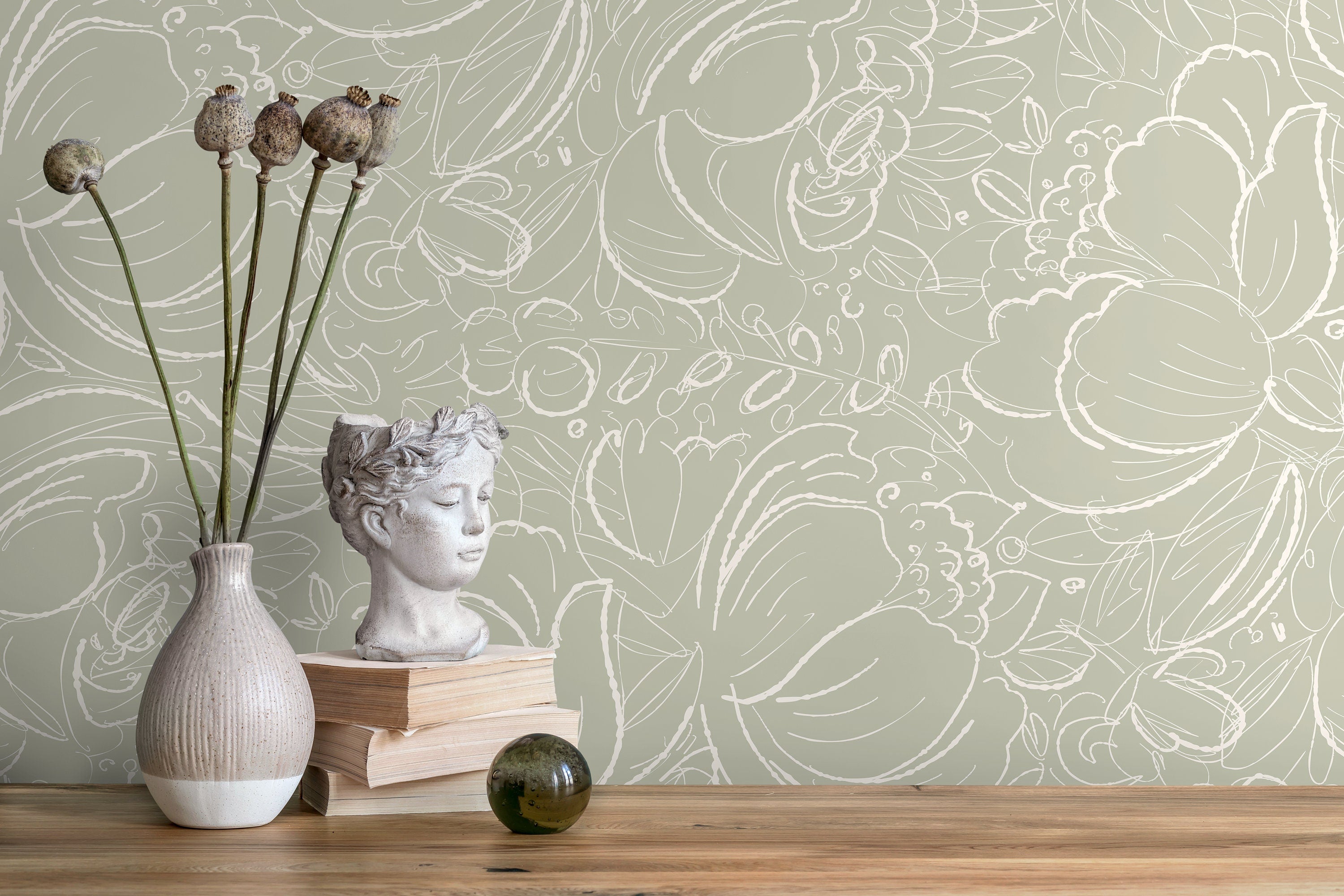 Floral Wallpaper With Scribbled Line Art In Sage Green And White - D055