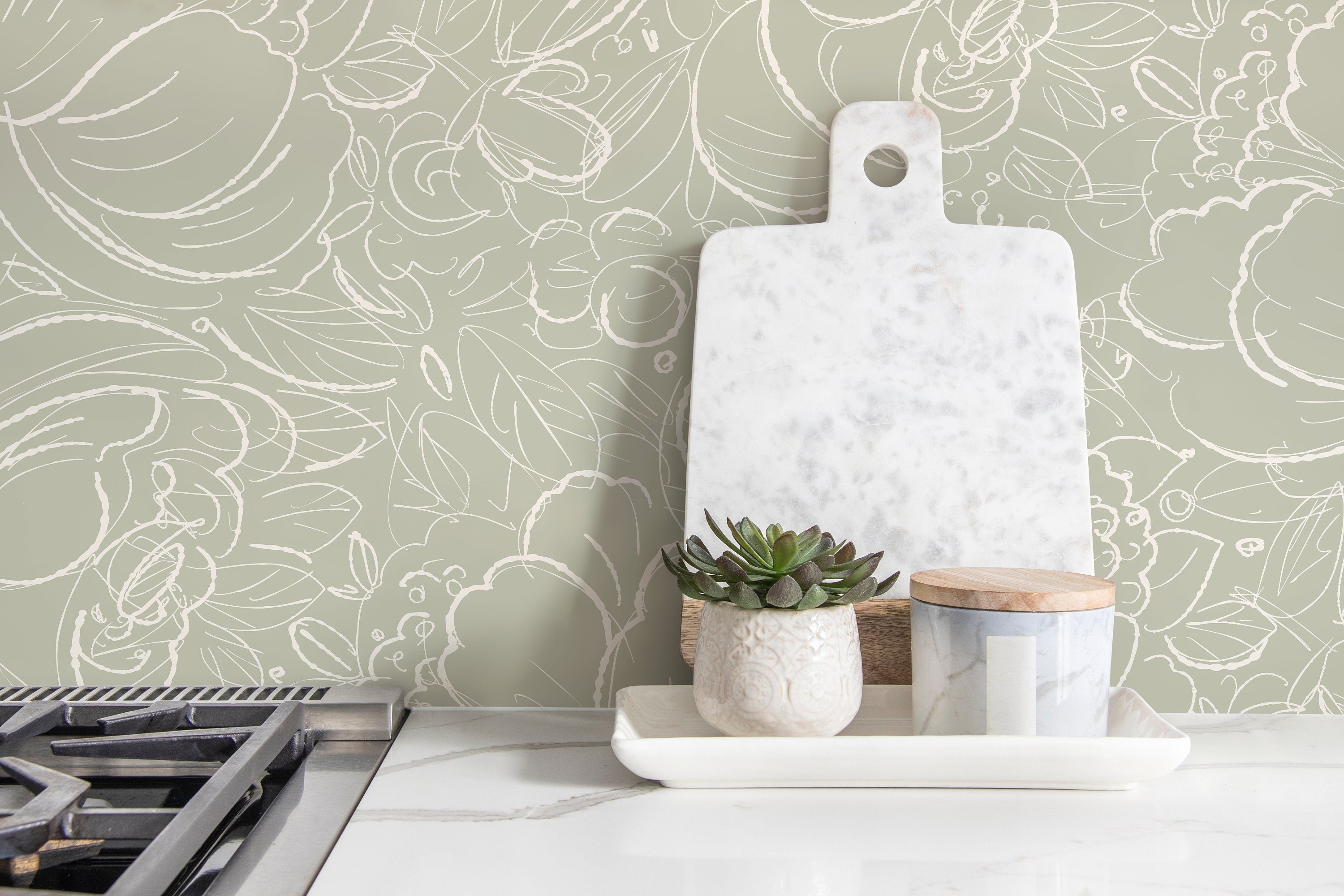 Floral Wallpaper With Scribbled Line Art In Sage Green And White - D055